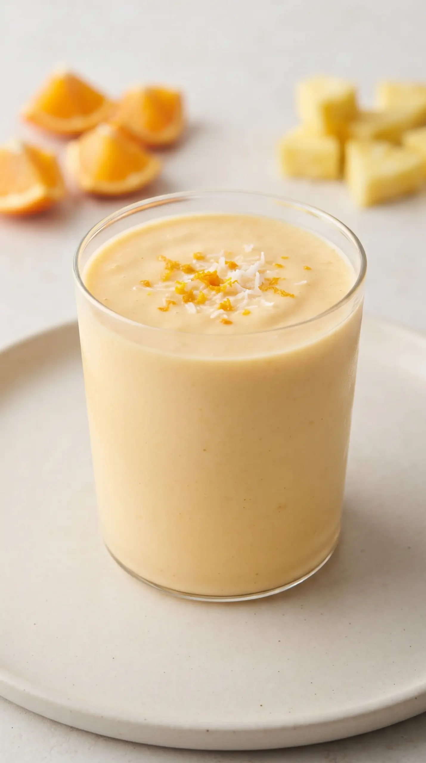 Pineapple orange smoothie with creamy texture, shredded coconut, and orange zest topping