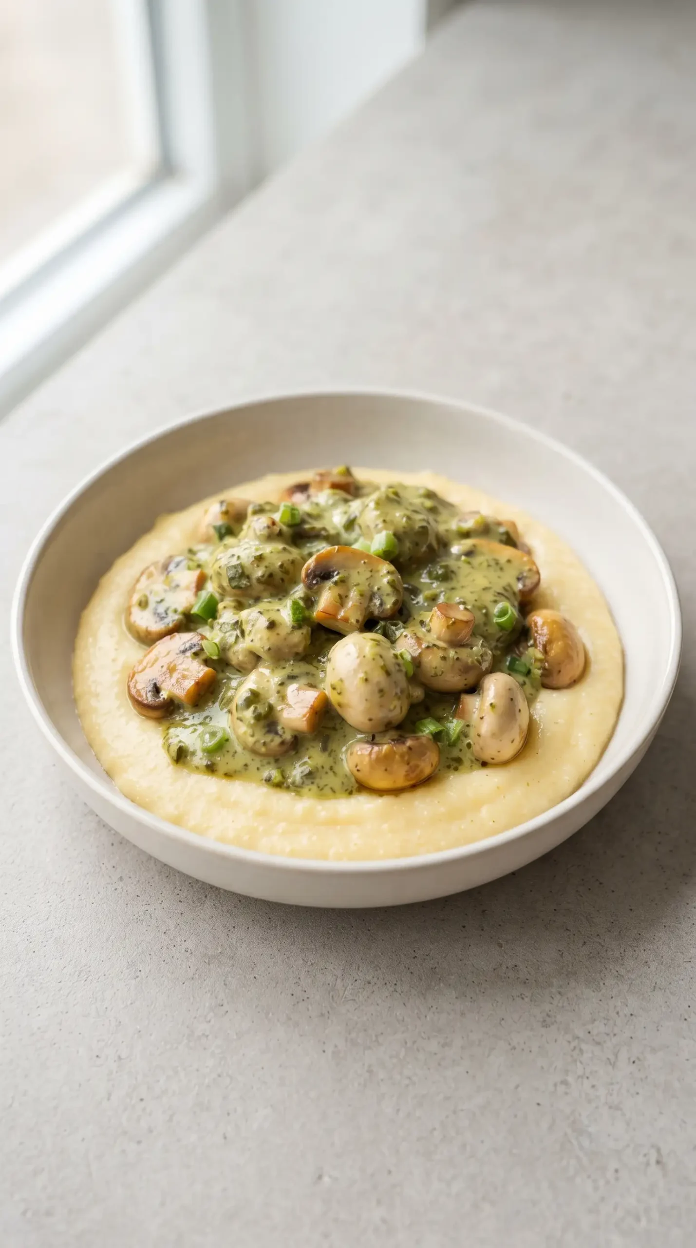 Creamy poblano mushrooms with sautéed mushrooms served over soft polenta