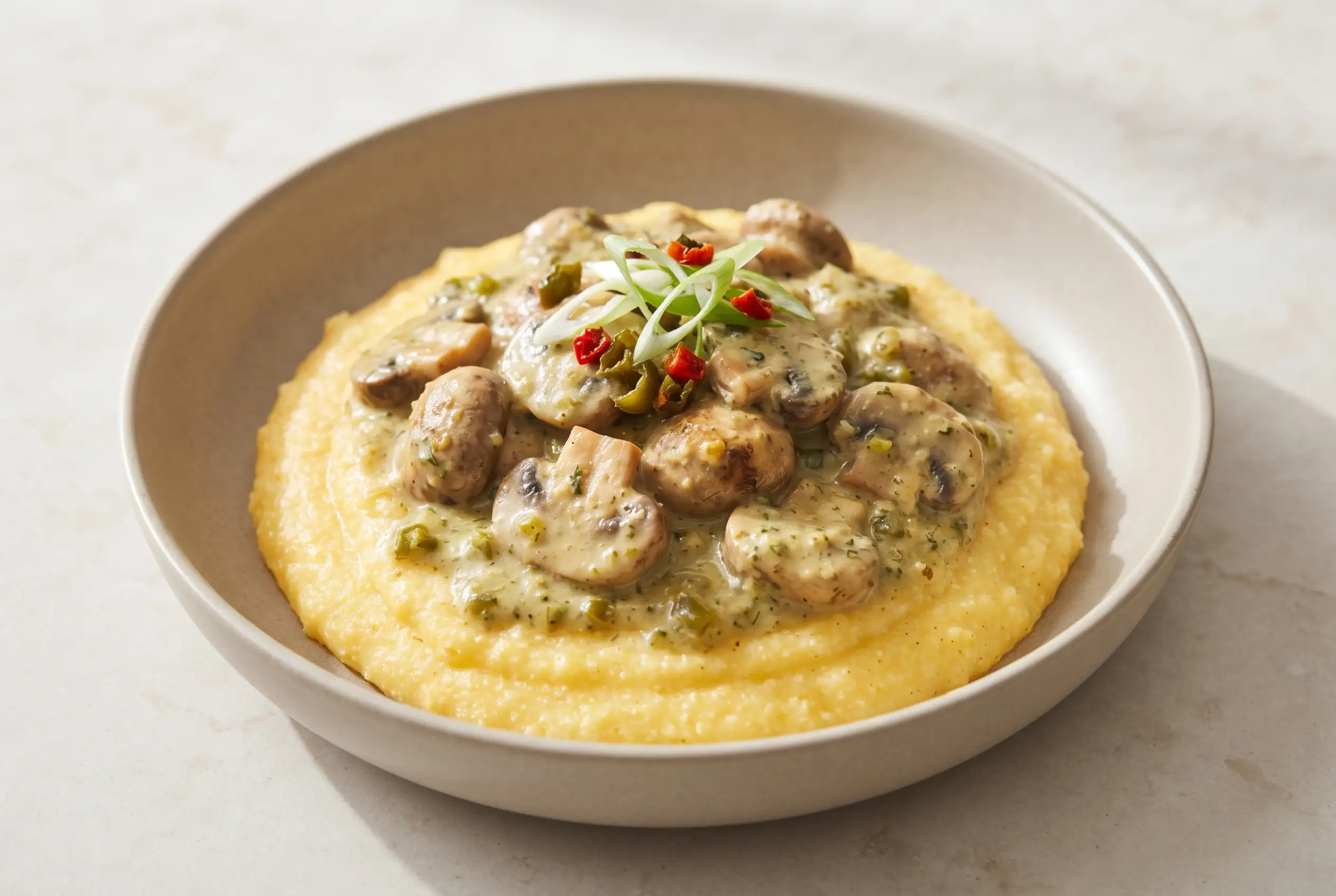 Creamy poblano mushrooms over smooth polenta with roasted peppers and green onions