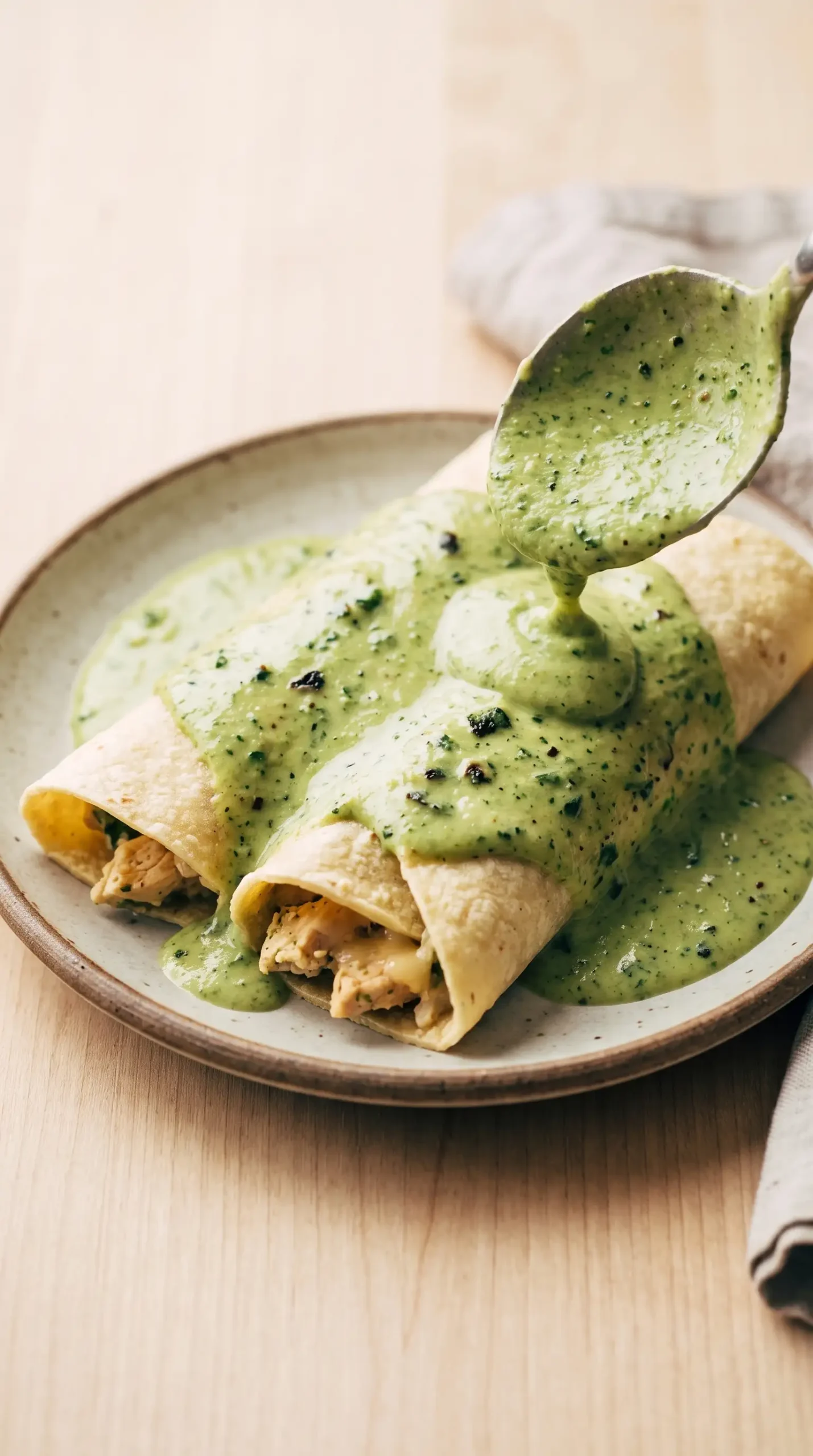 Creamy spinach poblano sauce served over a warm enchilada dish