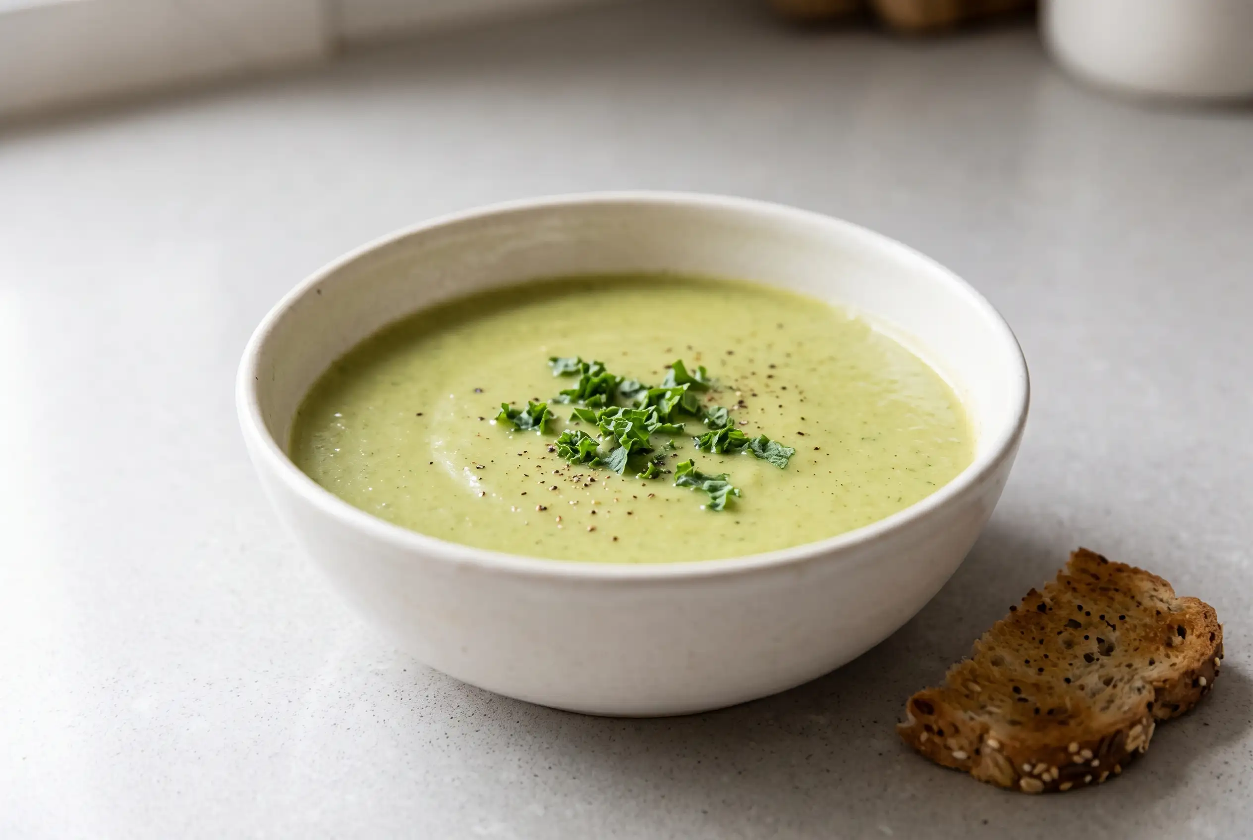 Creamy potato kale soup with a smooth pale green texture in a ceramic bowl