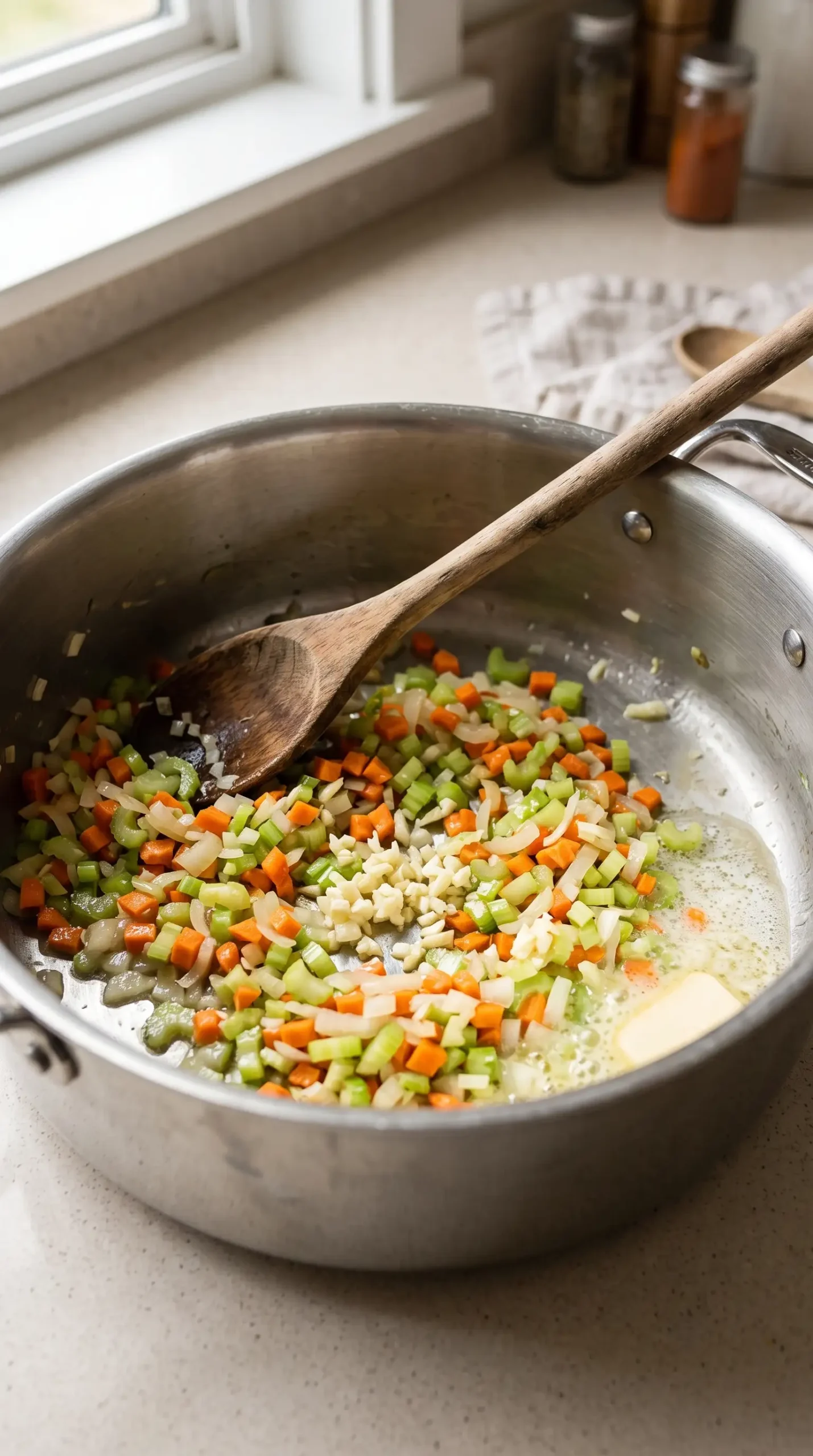 Butter-sautéed celery, carrots, onions, and garlic forming the base for creamy potato soup