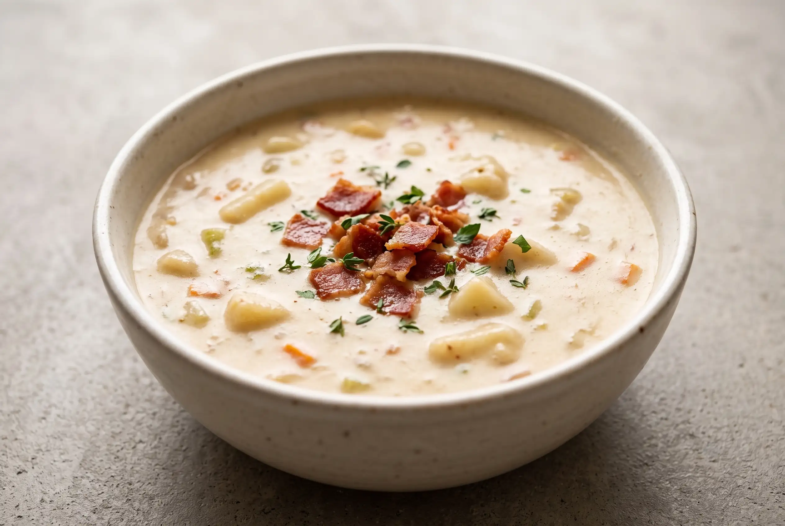 Creamy Potato Soup with Bacon Creamy potato soup with bacon, vegetables, and tender potato pieces in a ceramic bowl