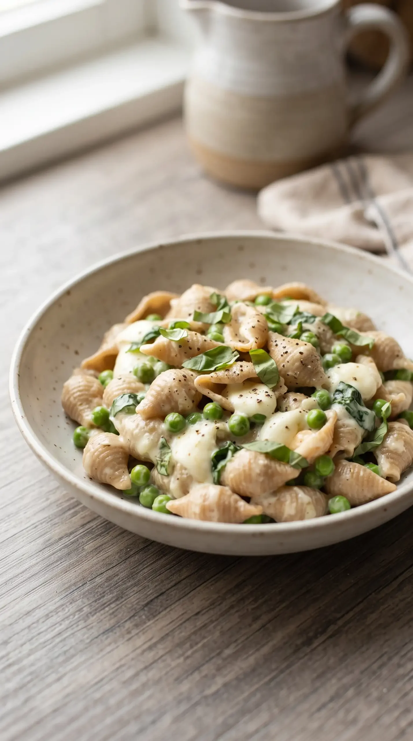 Professional food photography close-up of farmer's market pasta with creamy ricotta and peas as the finished dish: one shallow ceramic bowl filled with whole wheat shell pasta coated in a smooth creamy ricotta sauce, visible sweet green peas throughout, fresh torn basil leaves on top, small melted mozzarella pieces adding a soft cheese layer. Natural daylight, realistic home kitchen setting with a simple neutral surface, balanced composition focused on the single bowl, authentic textures, no extra servings, no dramatic styling, no artificial perfection.