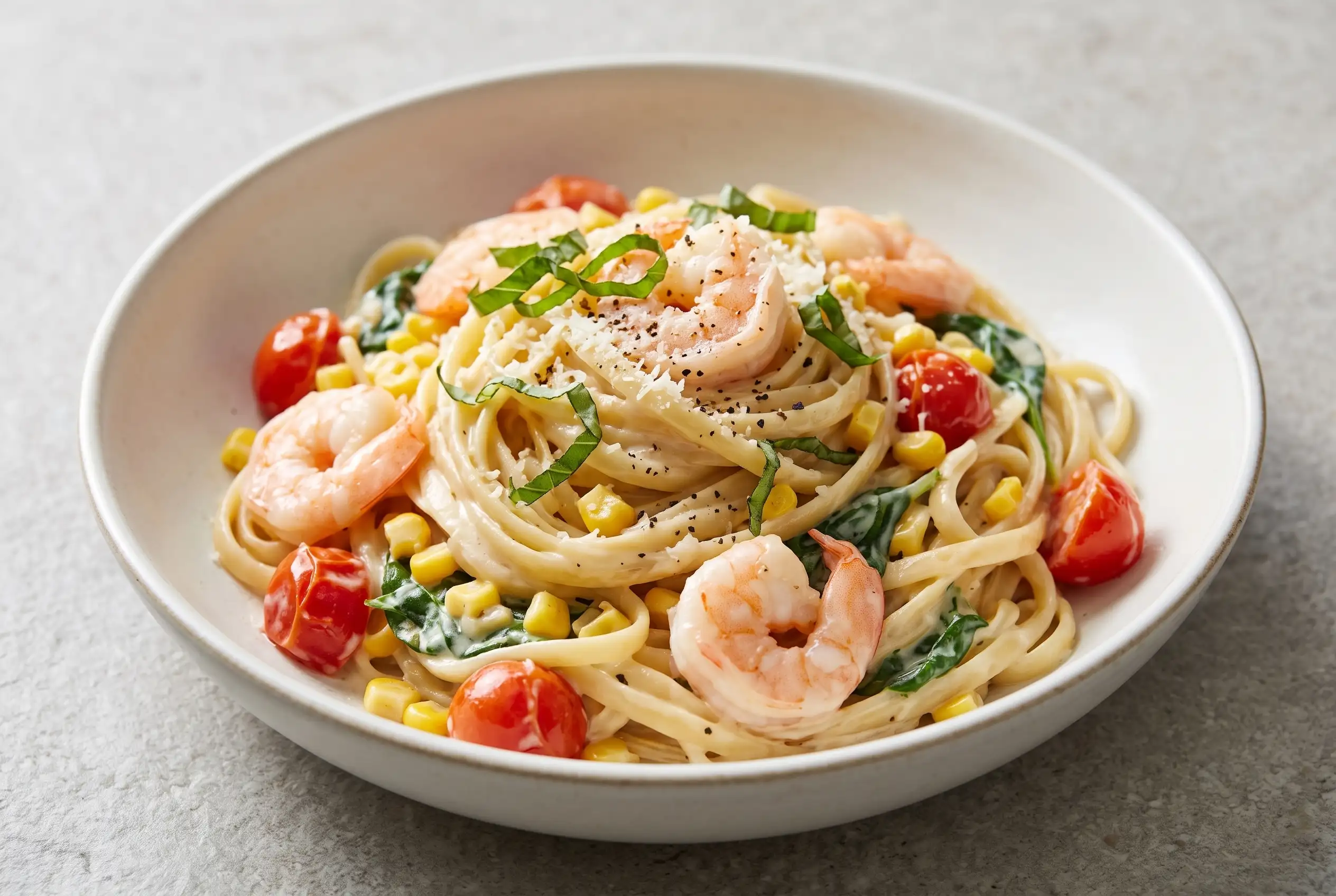 Creamy shrimp pasta with corn, tomatoes, spinach, and shrimp in a silky cream sauce