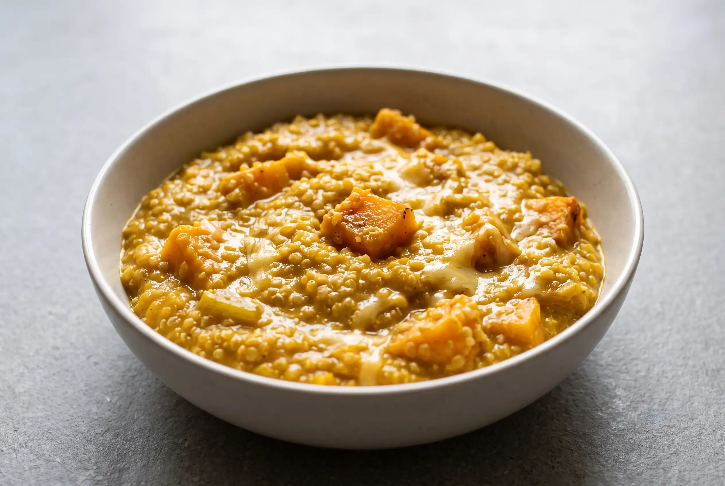 Squash curry quinoa with creamy coconut milk sauce in a bowl with golden quinoa and tender squash pieces