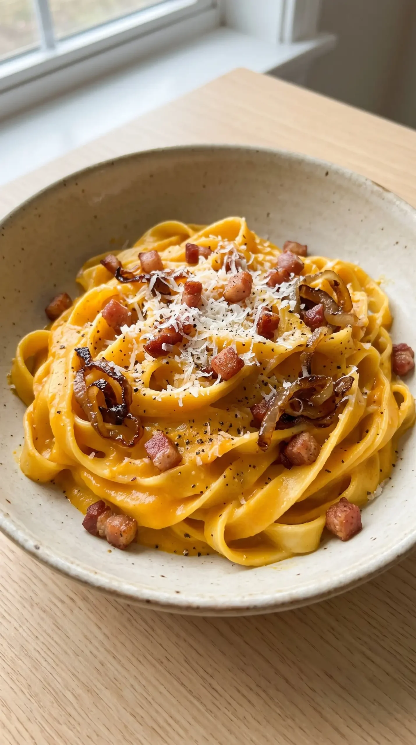Bowl of squash fettuccine with roasted squash sauce, pancetta, onion, and Parmesan