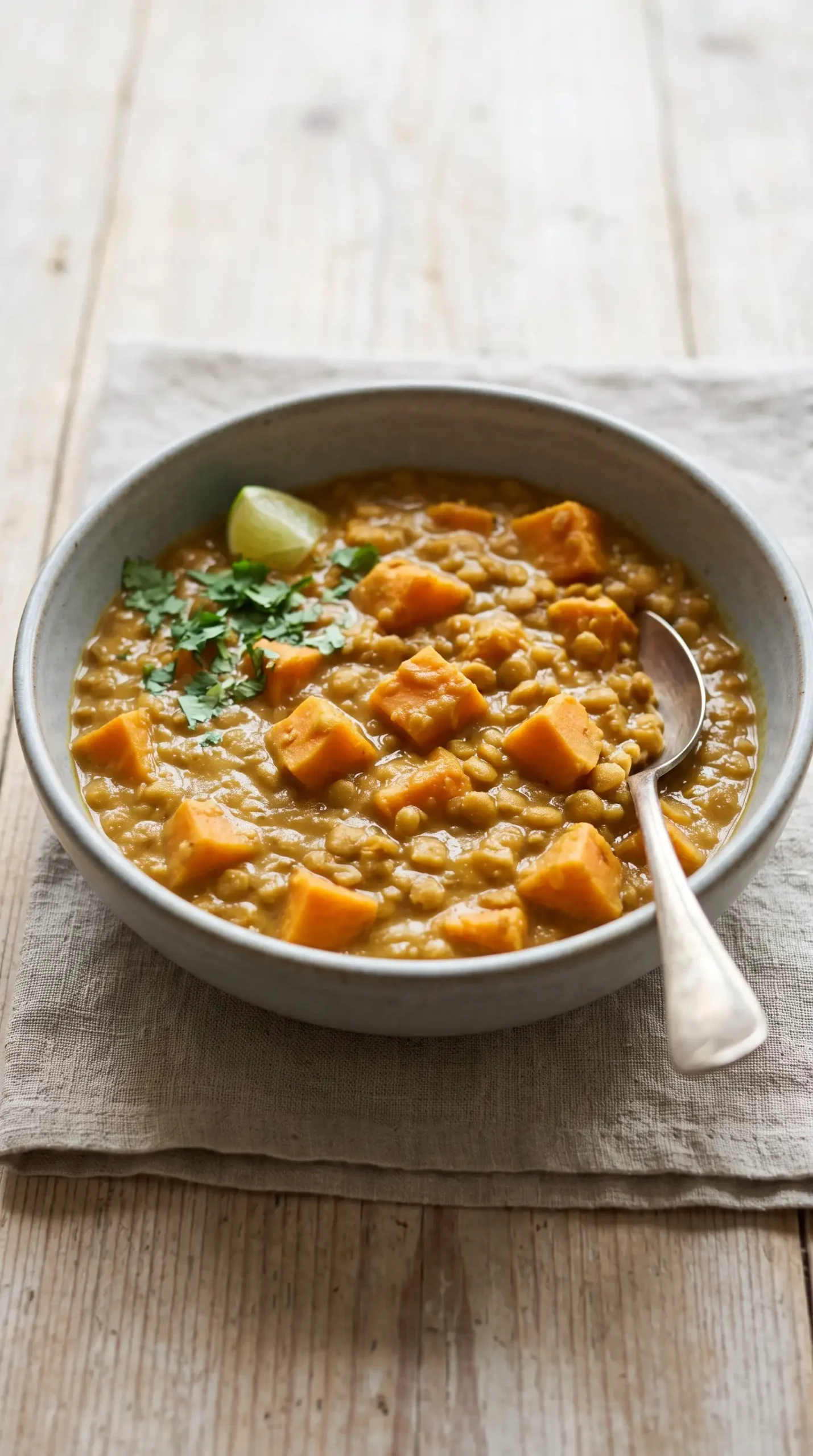 Serving bowl of creamy sweet potato lentils with coconut sauce and tender vegetables