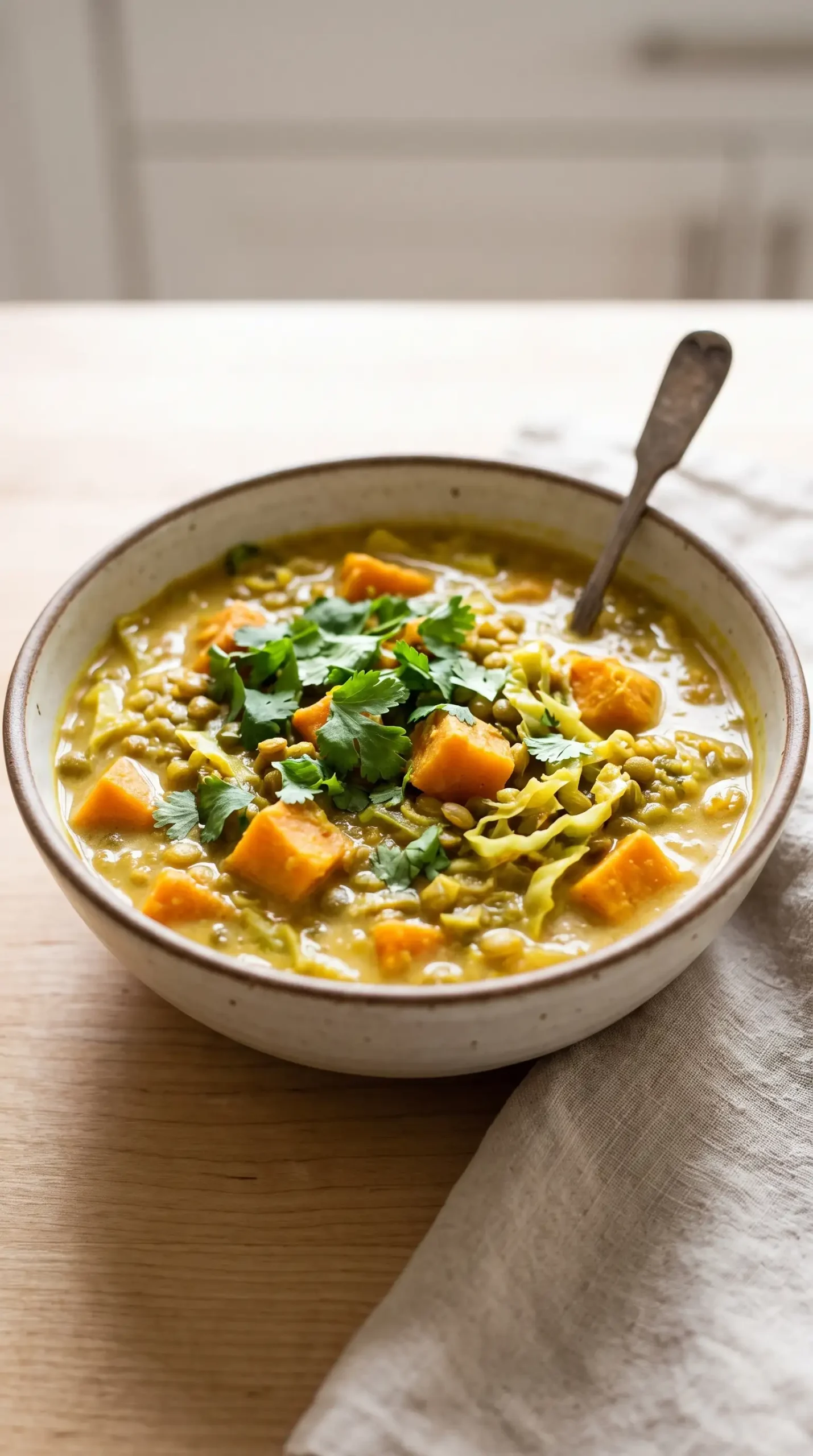 Creamy Thai sweet potato lentils served in a bowl with coconut curry, vegetables, and cilantro