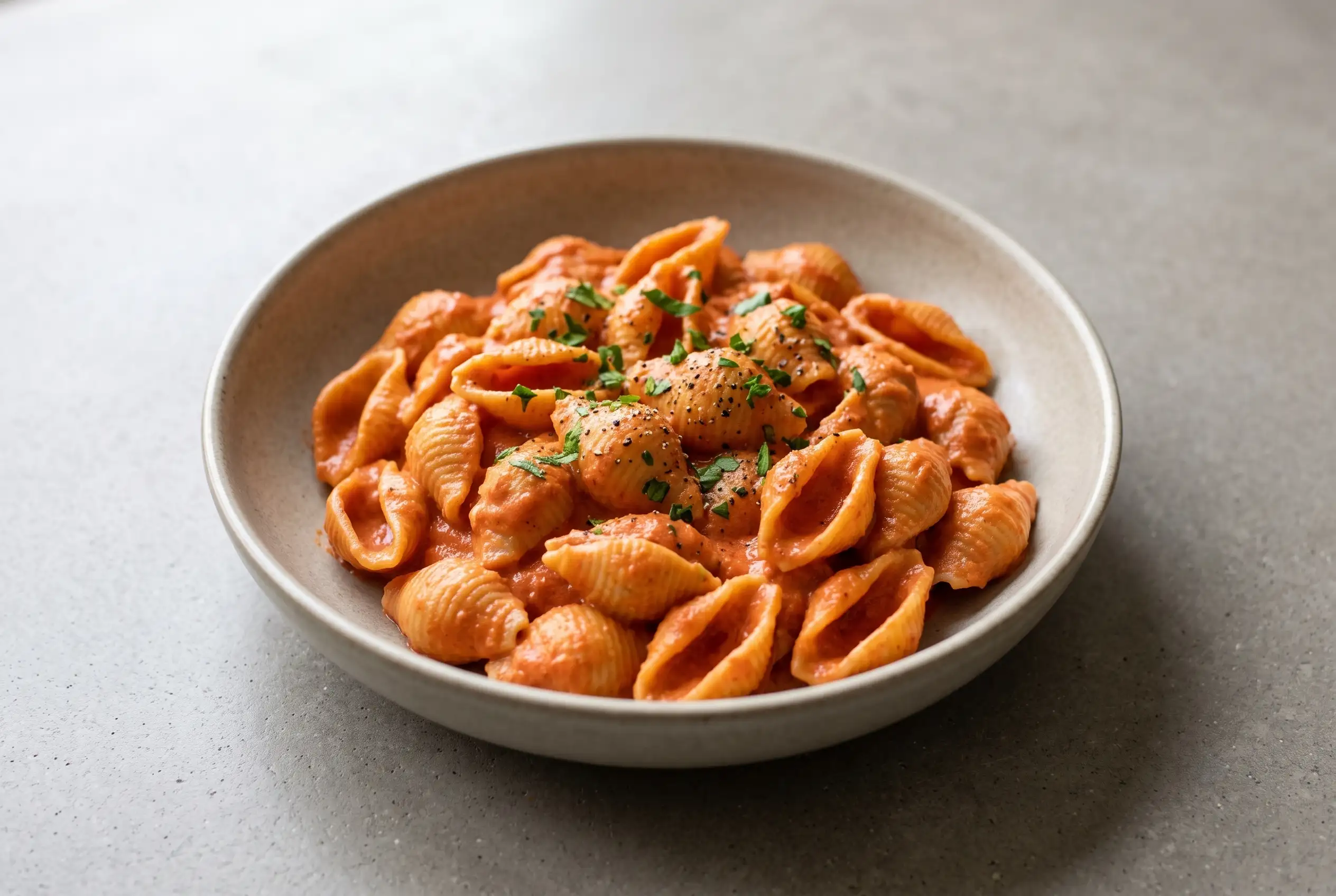 Creamy tomato shells pasta in a bowl with smooth cashew cream tomato sauce and fresh herbs