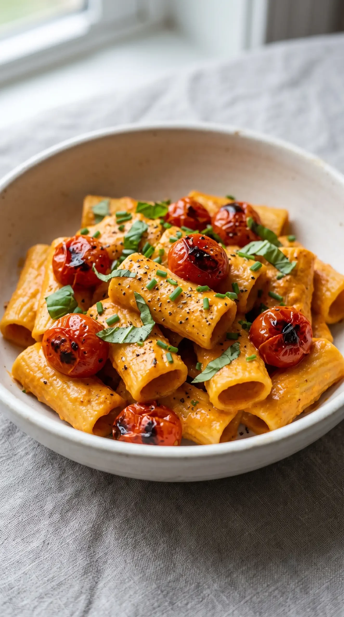 Vegan red pepper pasta with creamy sauce, rigatoni, blistered tomatoes, basil, and chives