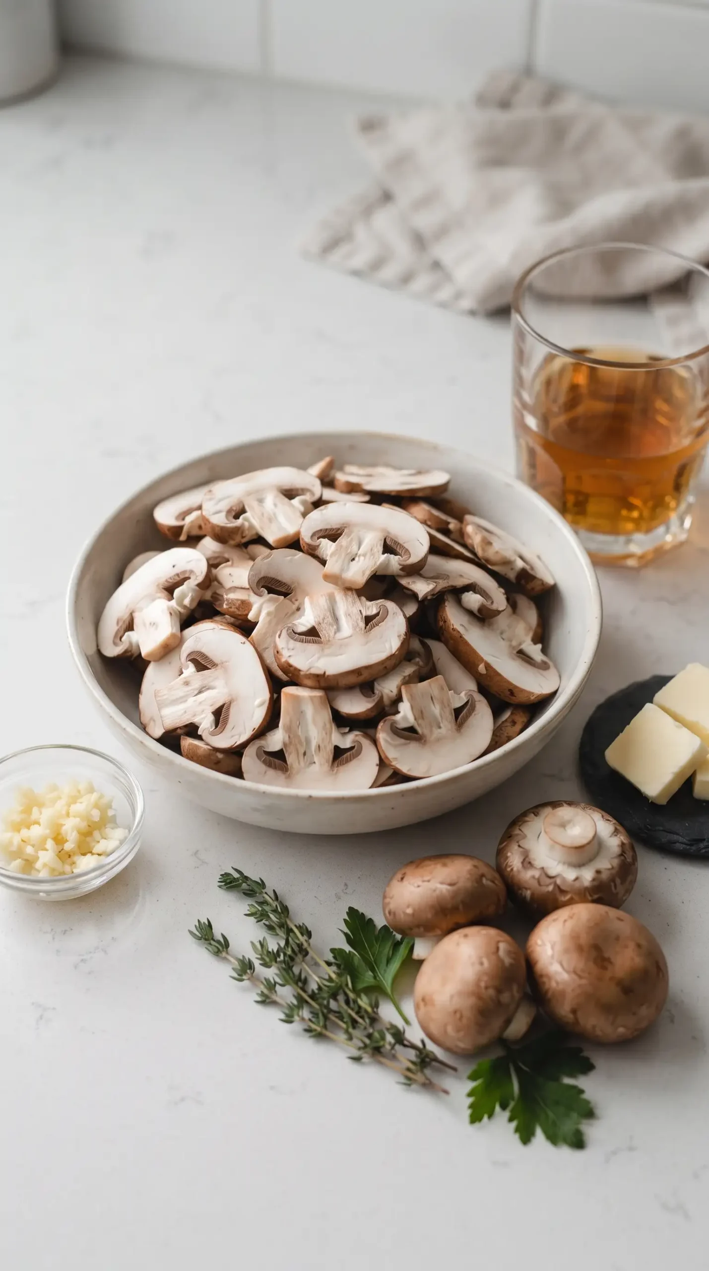 Sliced crimini mushrooms with garlic, butter, and Marsala wine prepared for the sauce