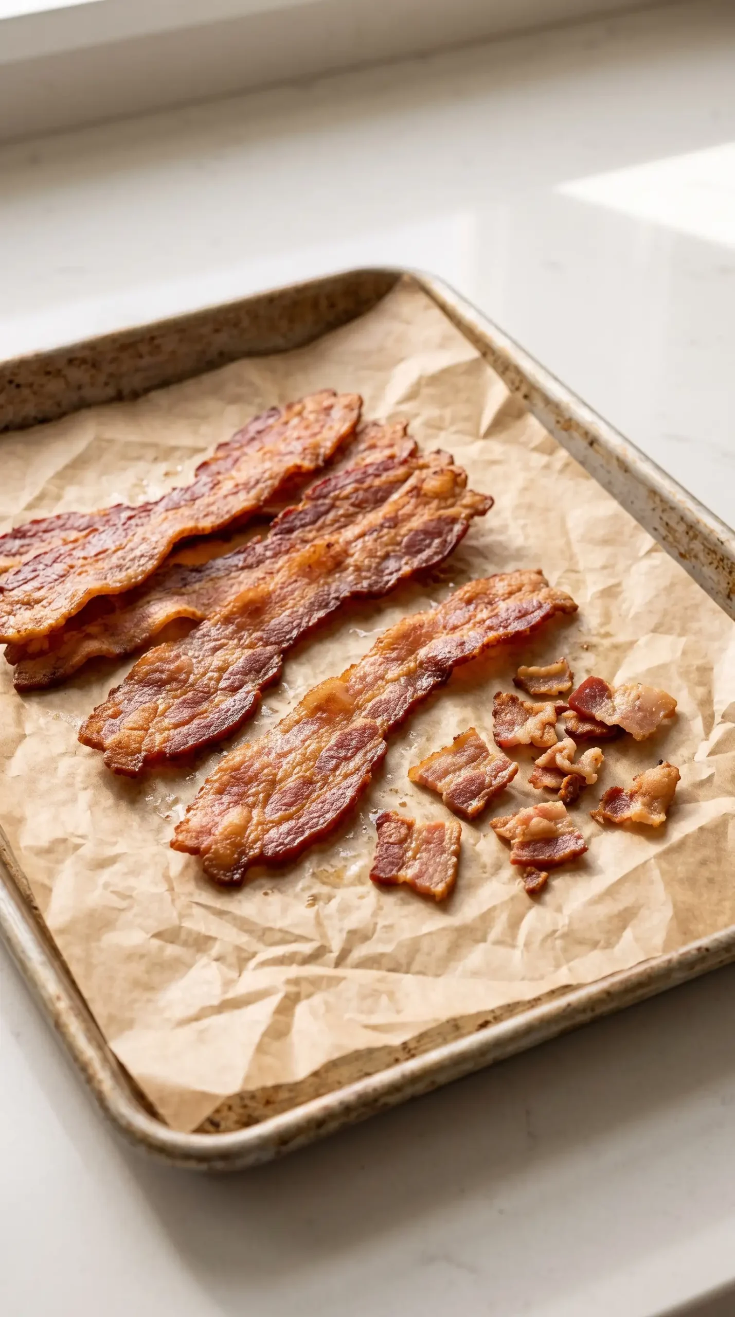 Crispy baked bacon strips and crumbles prepared for bacon potato soup