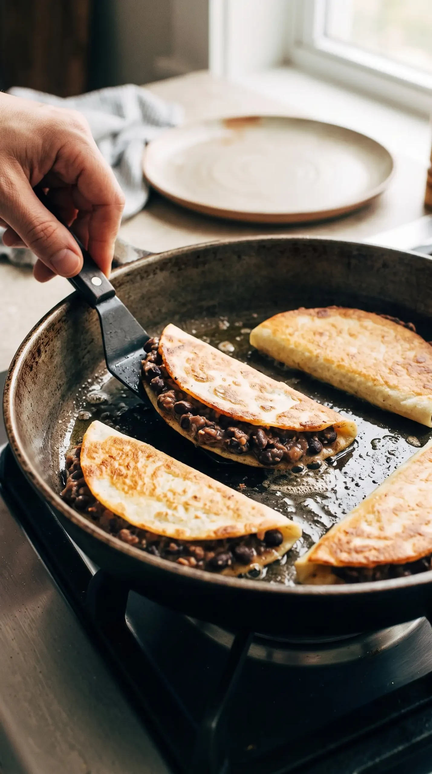 Crispy black bean tacos frying in a skillet with tortillas turning golden brown