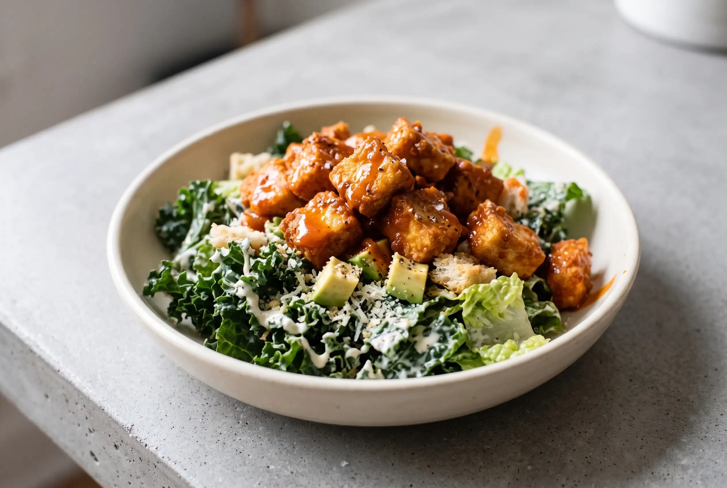 Crispy buffalo tofu pieces coated in sauce served over a creamy Caesar salad with fresh greens.