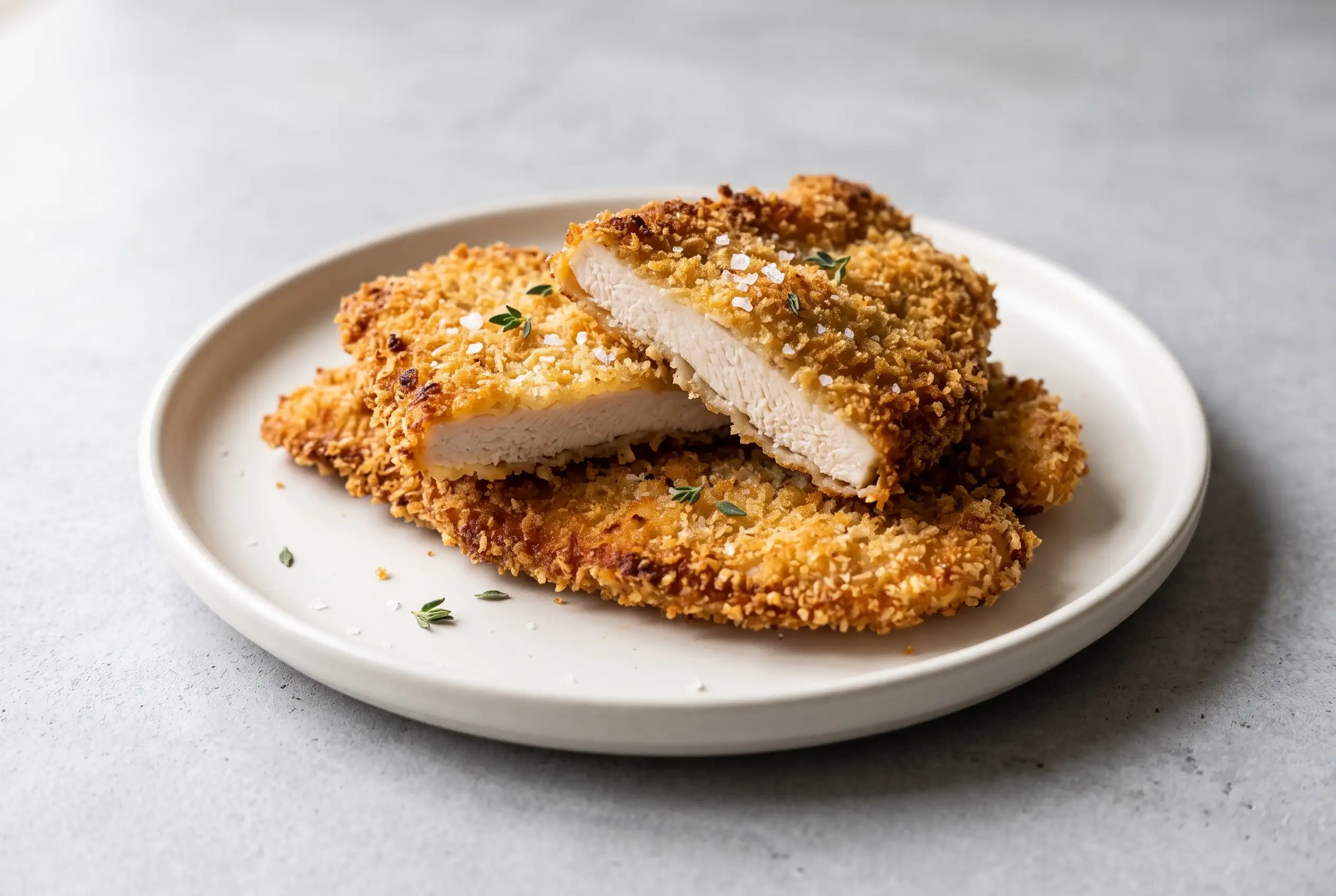 Crispy chicken cutlets with golden panko coating stacked on a plate showing the tender chicken interior