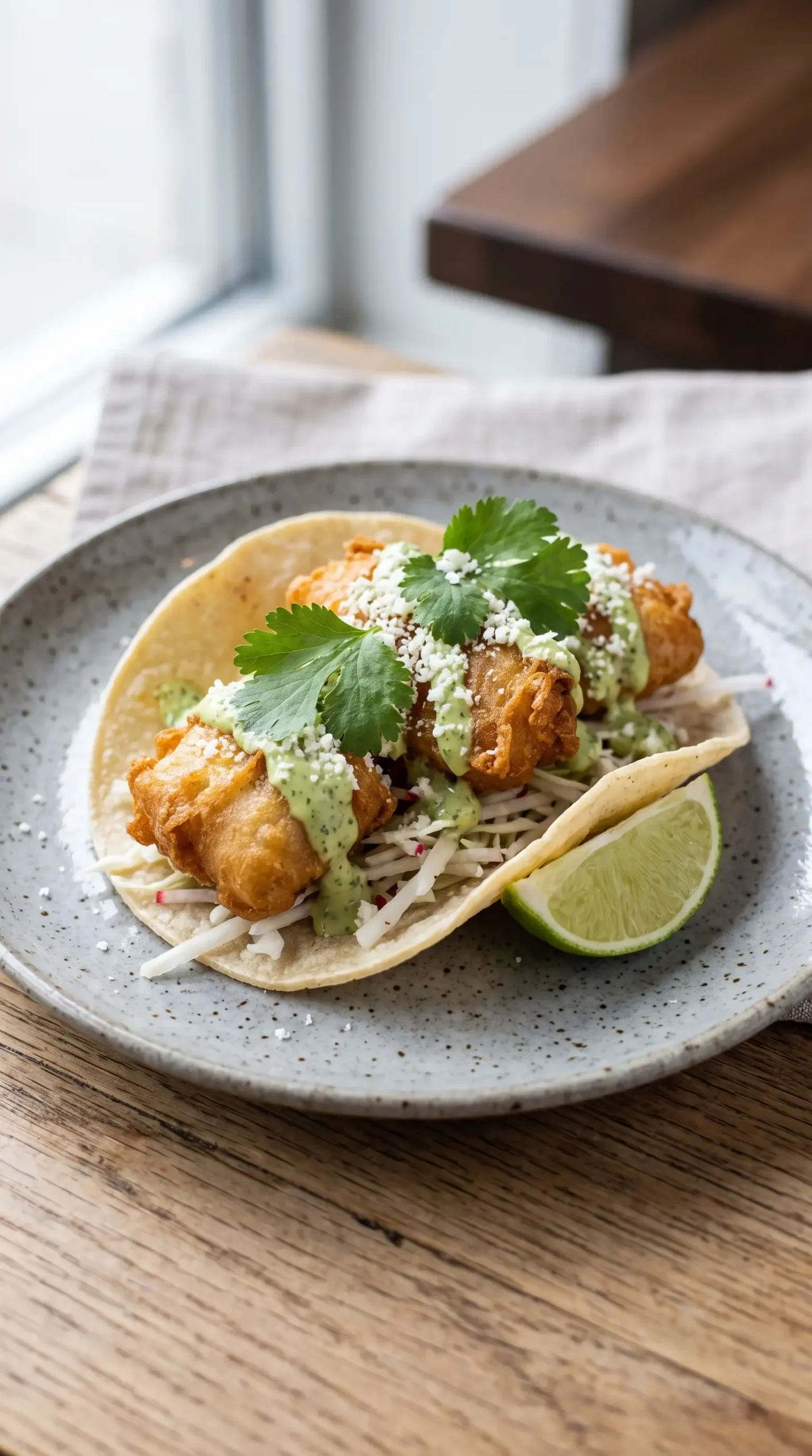 Crispy fish taco assembled with jalapeño sauce, cilantro, and Cotija cheese