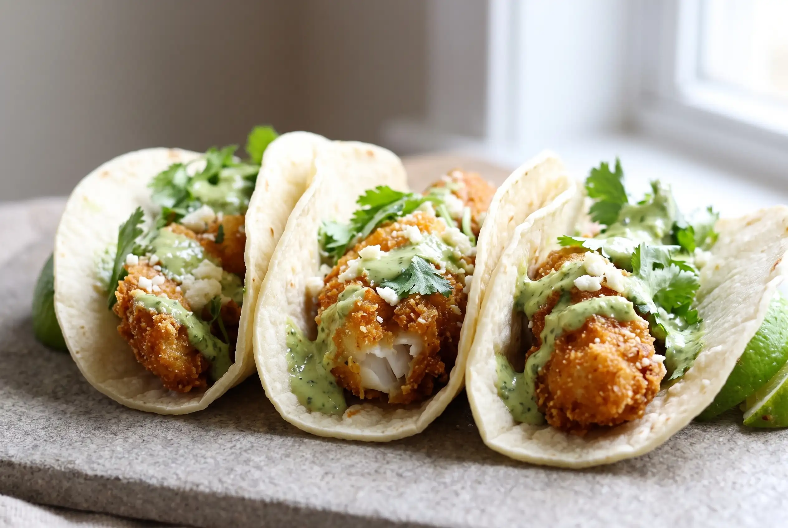 Crispy fish tacos with jalapeño sauce, cilantro, and Cotija cheese toppings