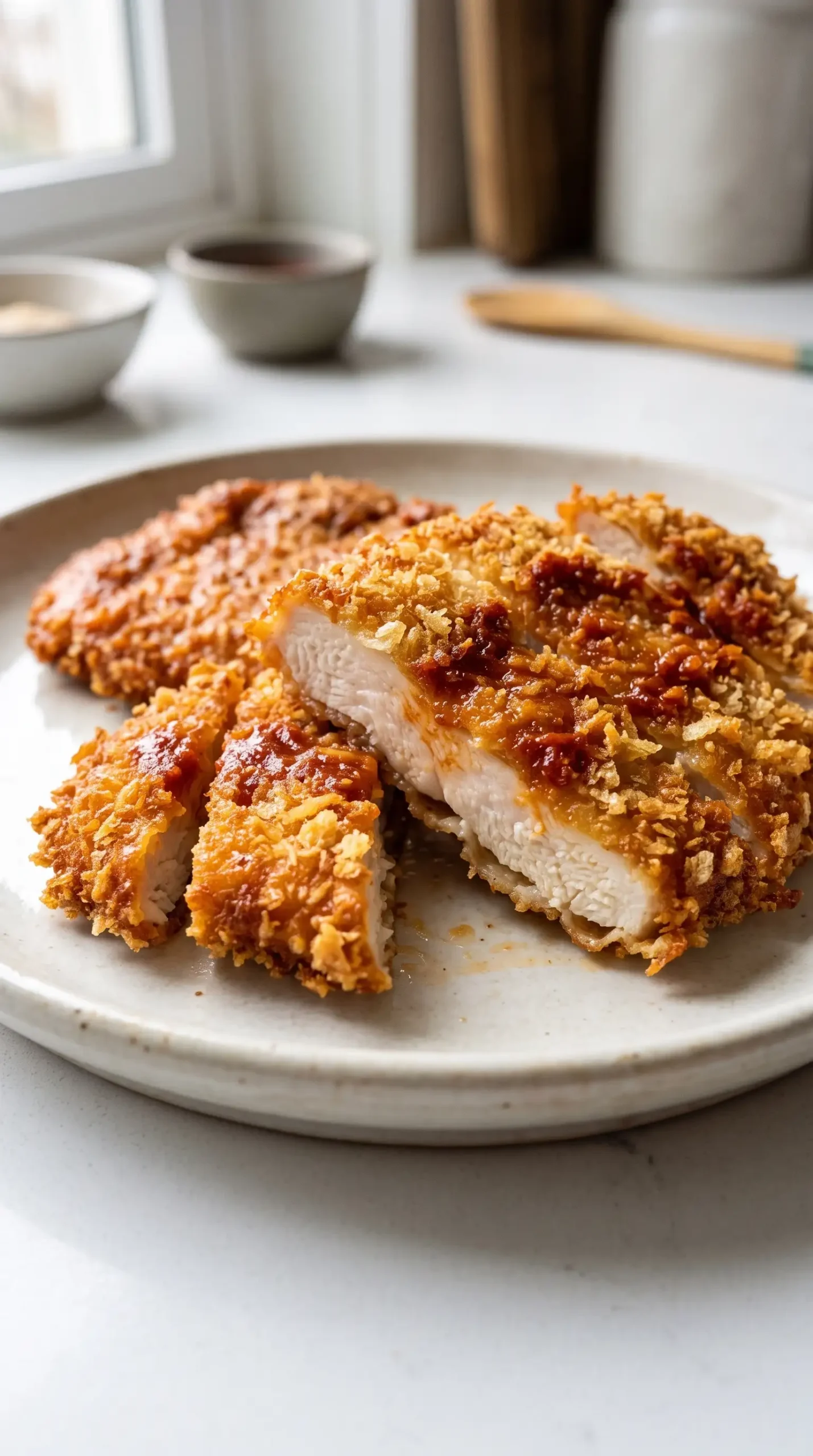 Sliced crispy gochujang chicken showing golden panko crust and tender interior
