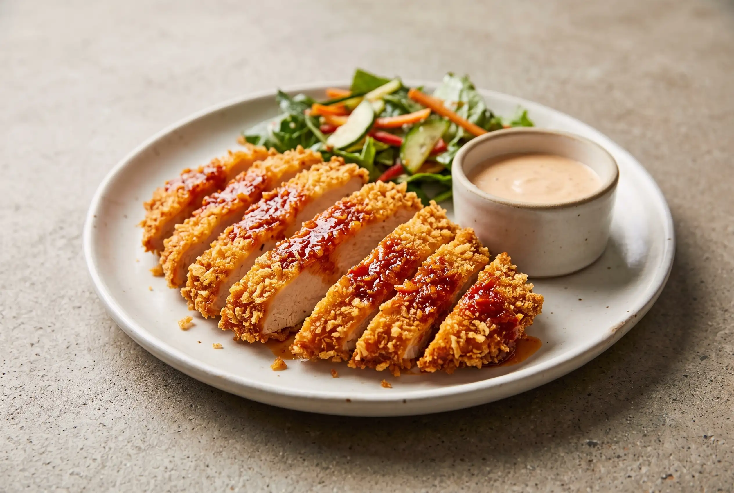 Crispy Gochujang Chicken Plate Crispy gochujang chicken slices with glossy chile sauce and yum yum dipping sauce on a plate