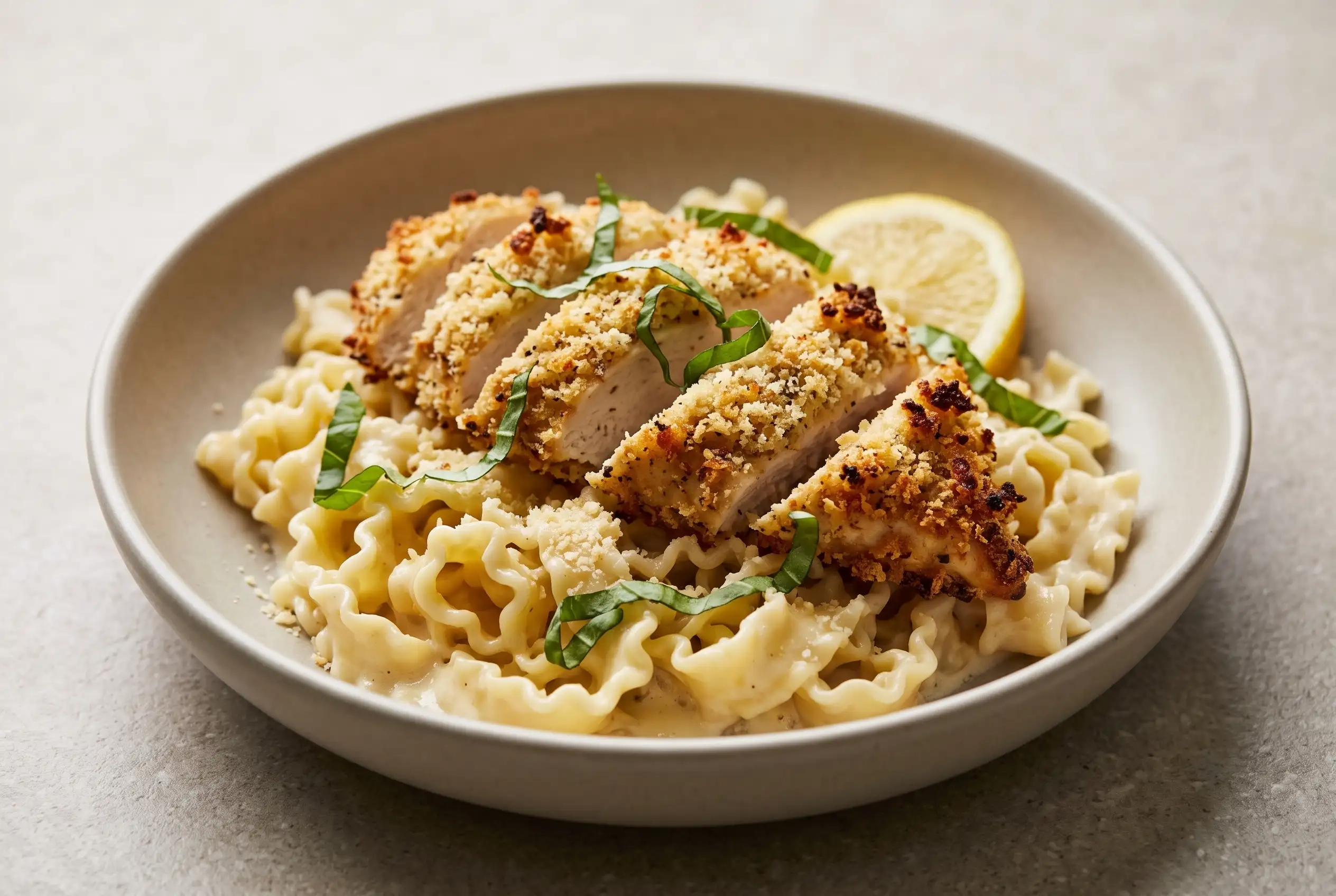 Crispy parmesan chicken slices over creamy lemon pasta with basil garnish