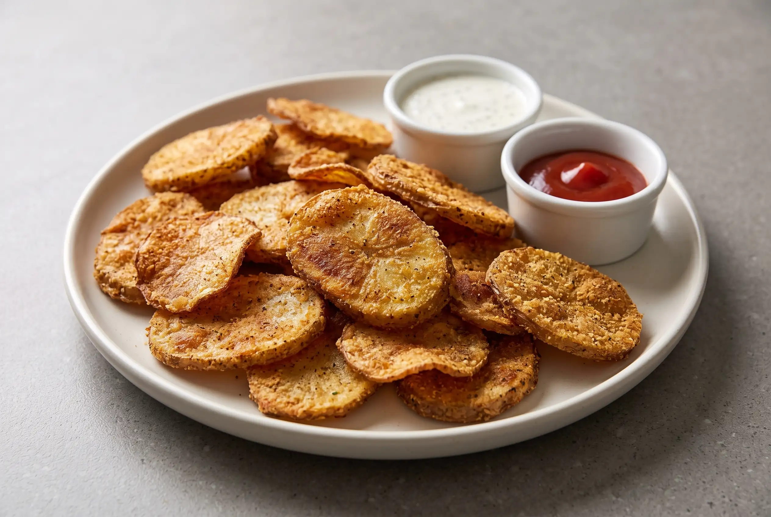 Crispy potato mojos with golden breaded fried potato slices and dipping sauces on a plate