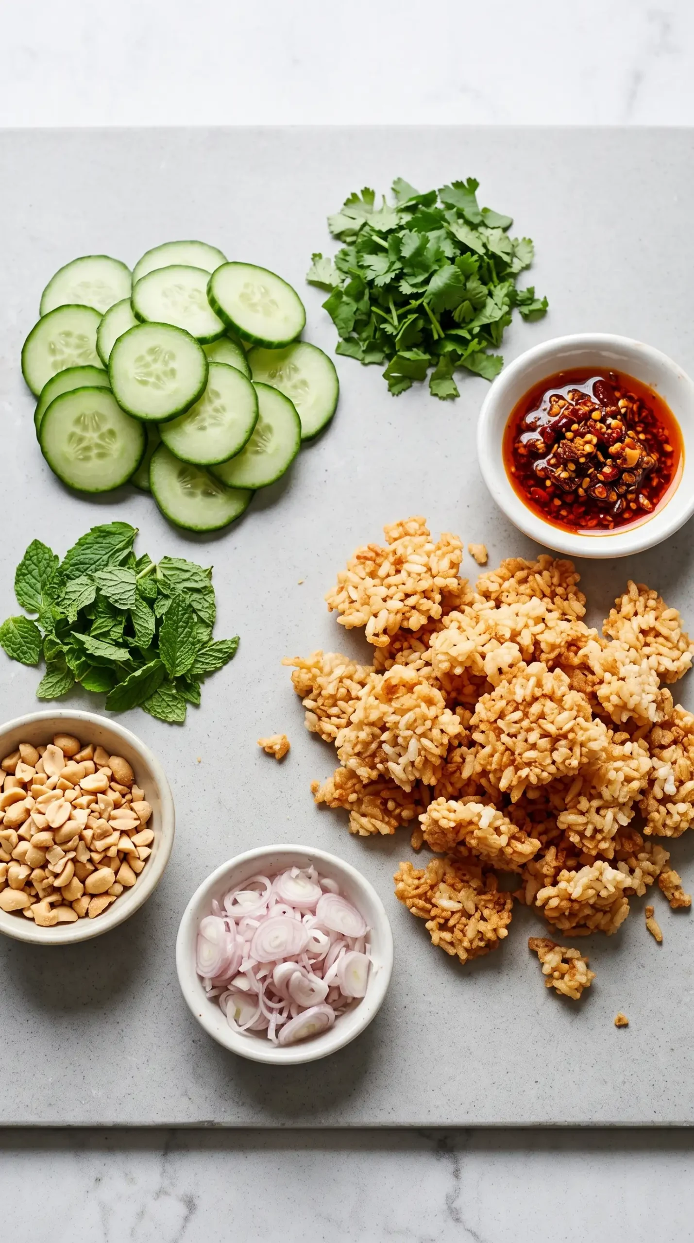 Cucumber slices, herbs, peanuts, shallot, and crispy rice ingredients for salad preparation