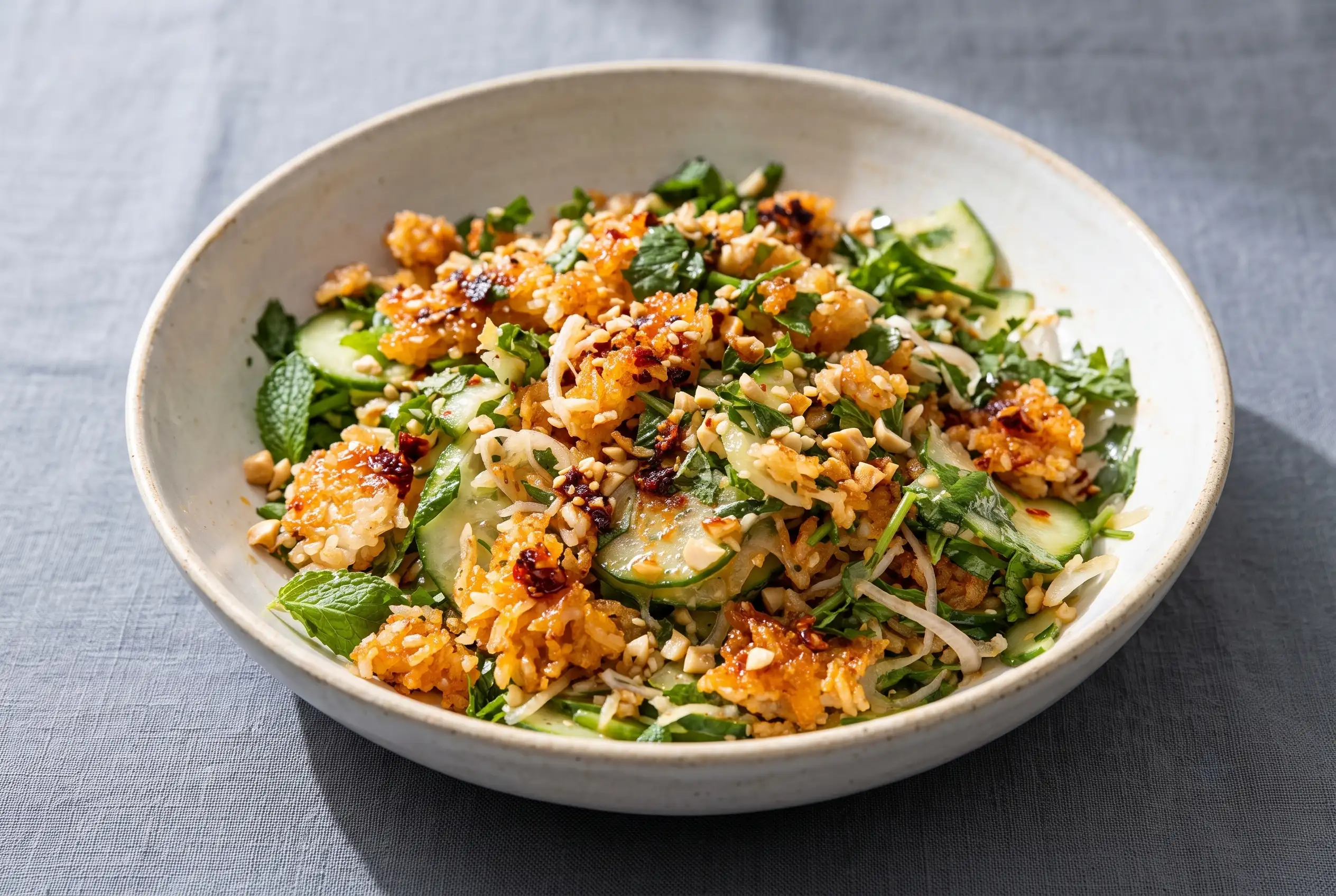 Crispy rice salad with cucumbers, herbs, peanuts, and chili crisp in a ceramic bowl