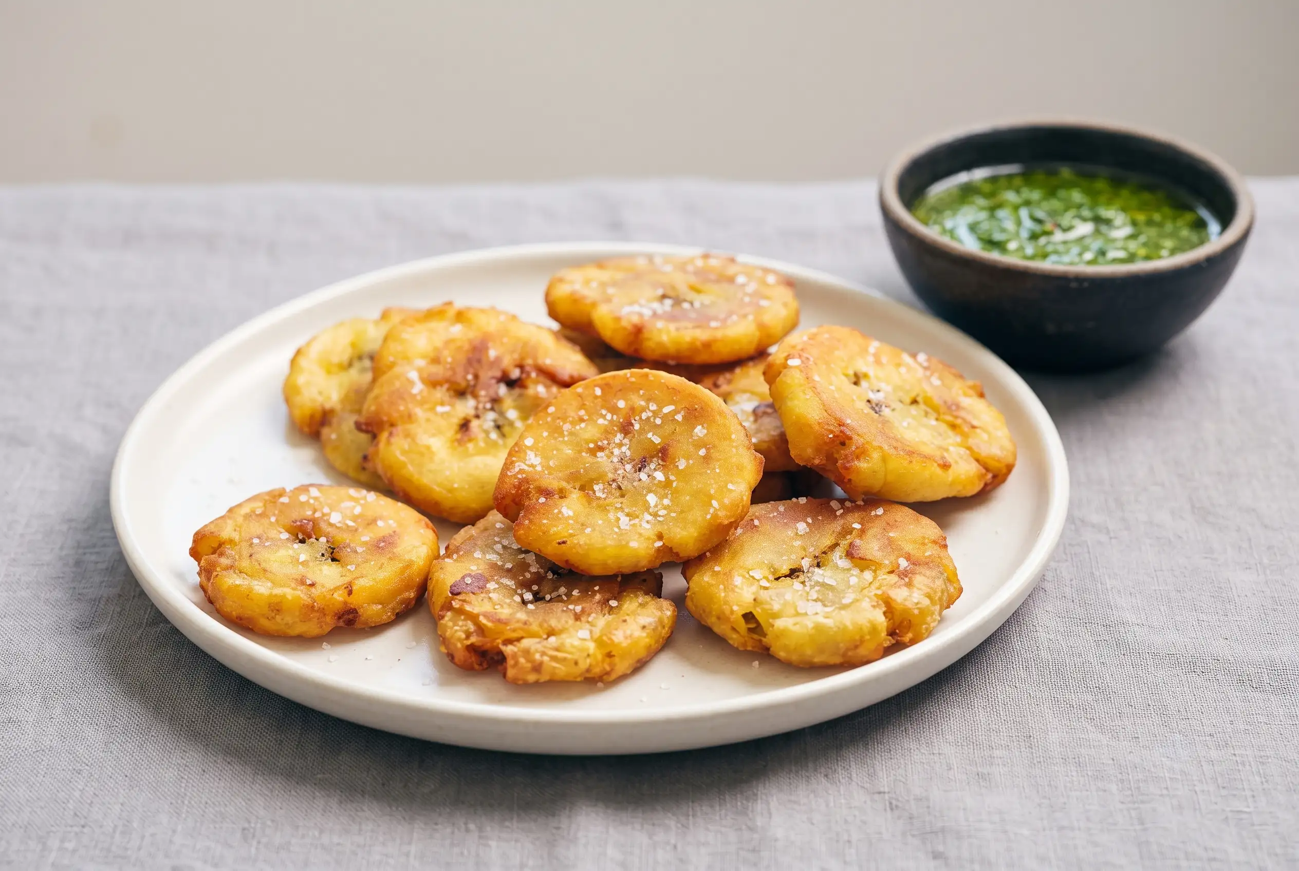 Crispy tostones with golden flattened green plantains, sea salt, and green dipping sauce