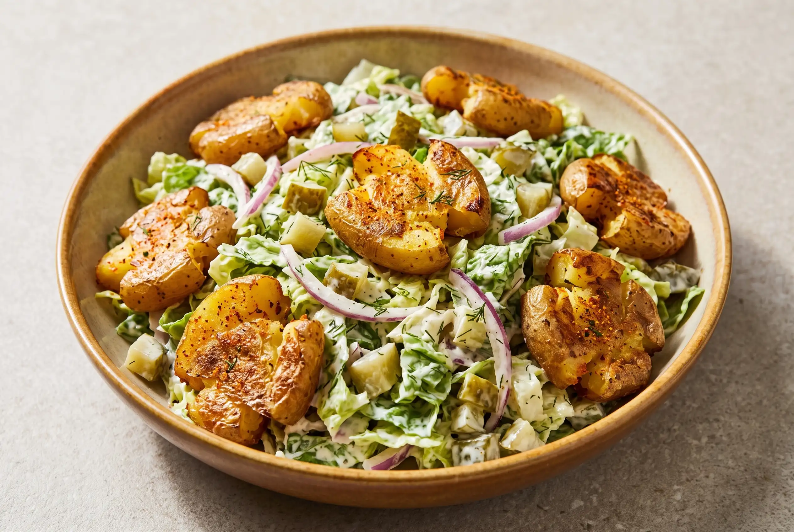 Crispy smashed potato salad with creamy dressing, romaine, pickles, red onion, and golden potatoes