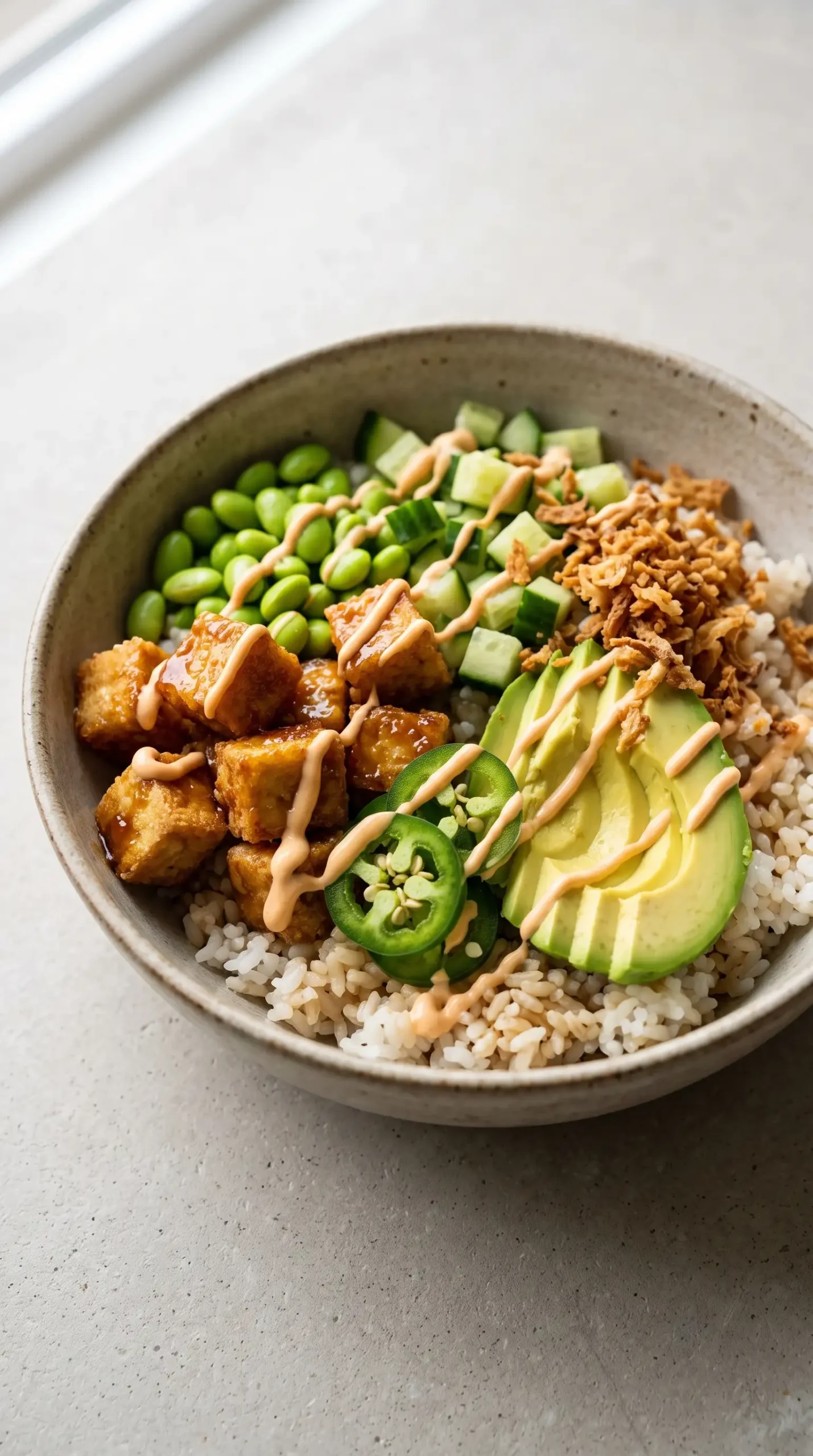 Crunchy roll bowl with crispy tofu, teriyaki sauce, vegetables, spicy mayo, and fried onion topping