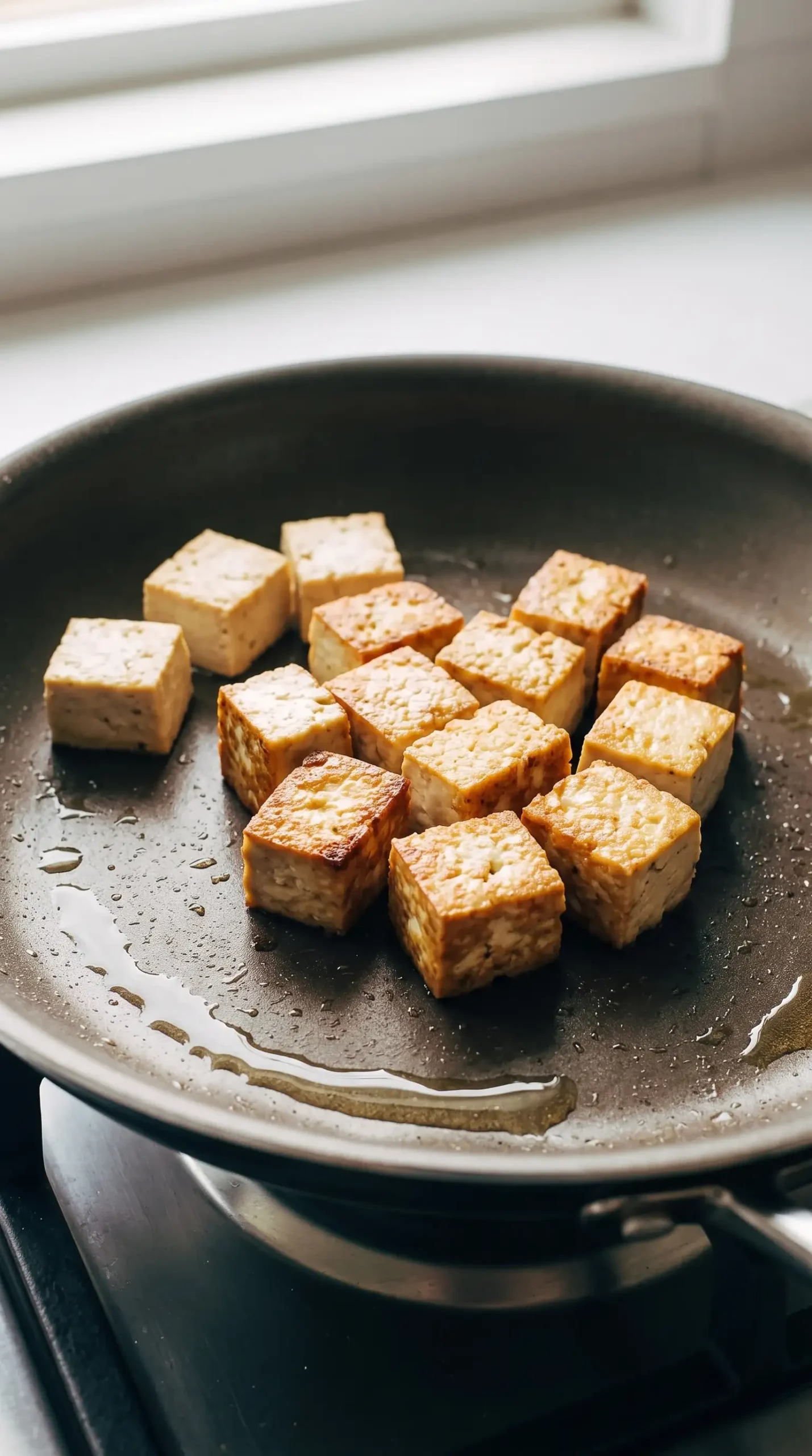 Tofu cubes frying in a skillet until golden brown for crunchy roll bowls
