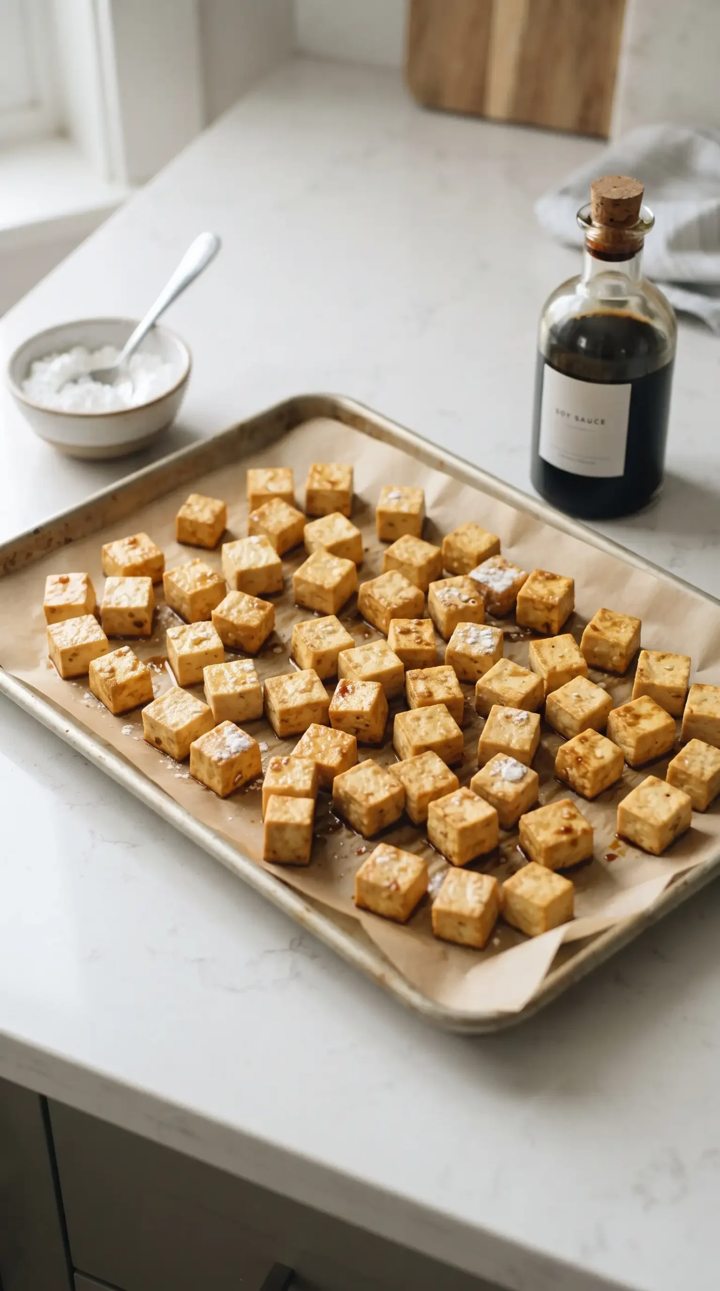 Tofu cubes coated with cornstarch on a baking sheet for crisp ramen topping