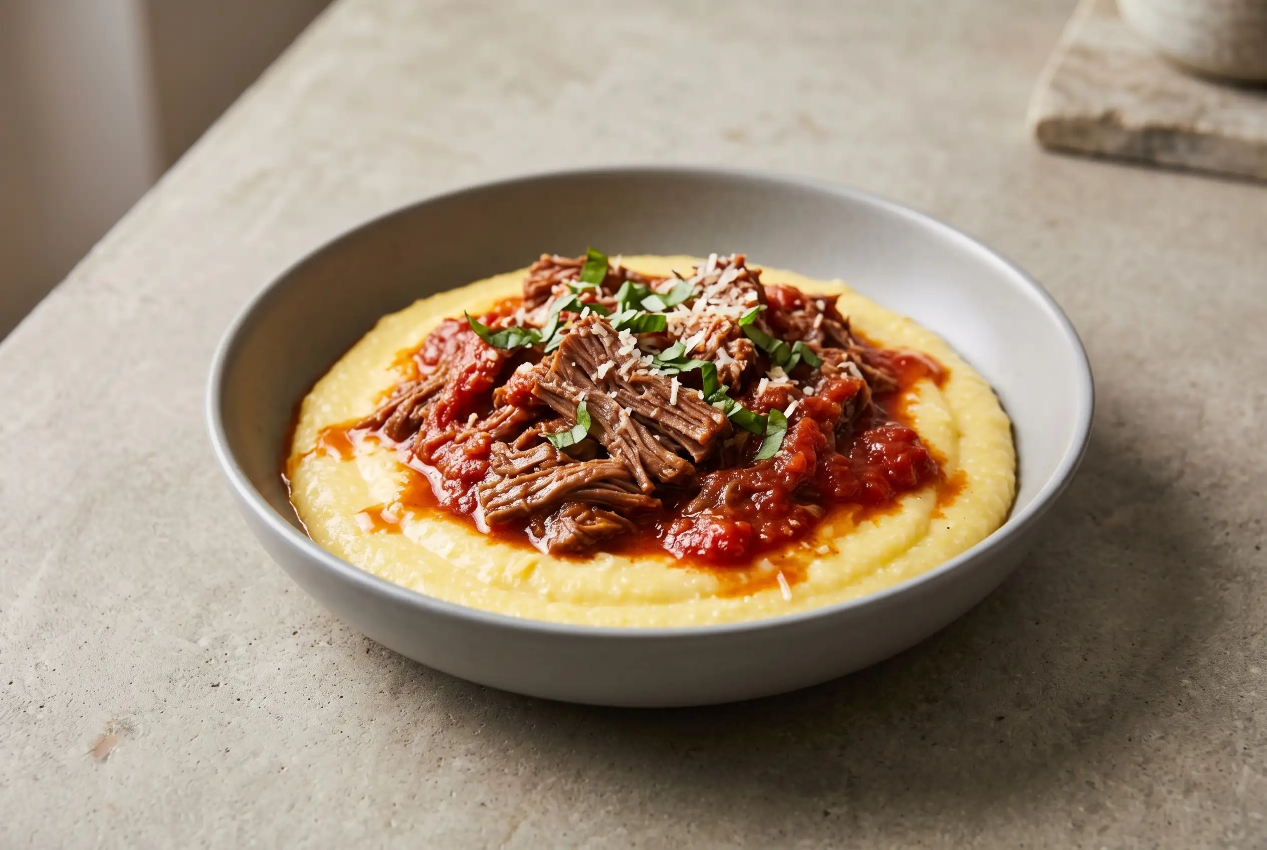 Beef ragu with creamy polenta topped with tender shredded beef in tomato sauce