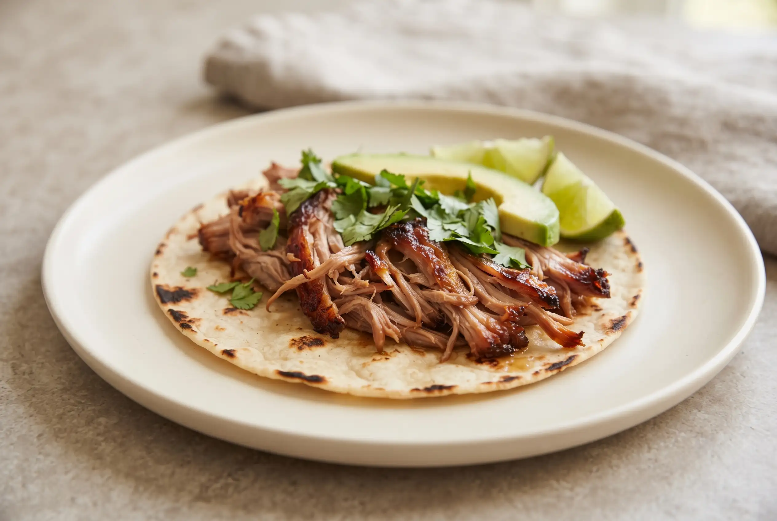 Crockpot carnitas tacos with tender shredded pork, crisp edges, cilantro, avocado, and lime