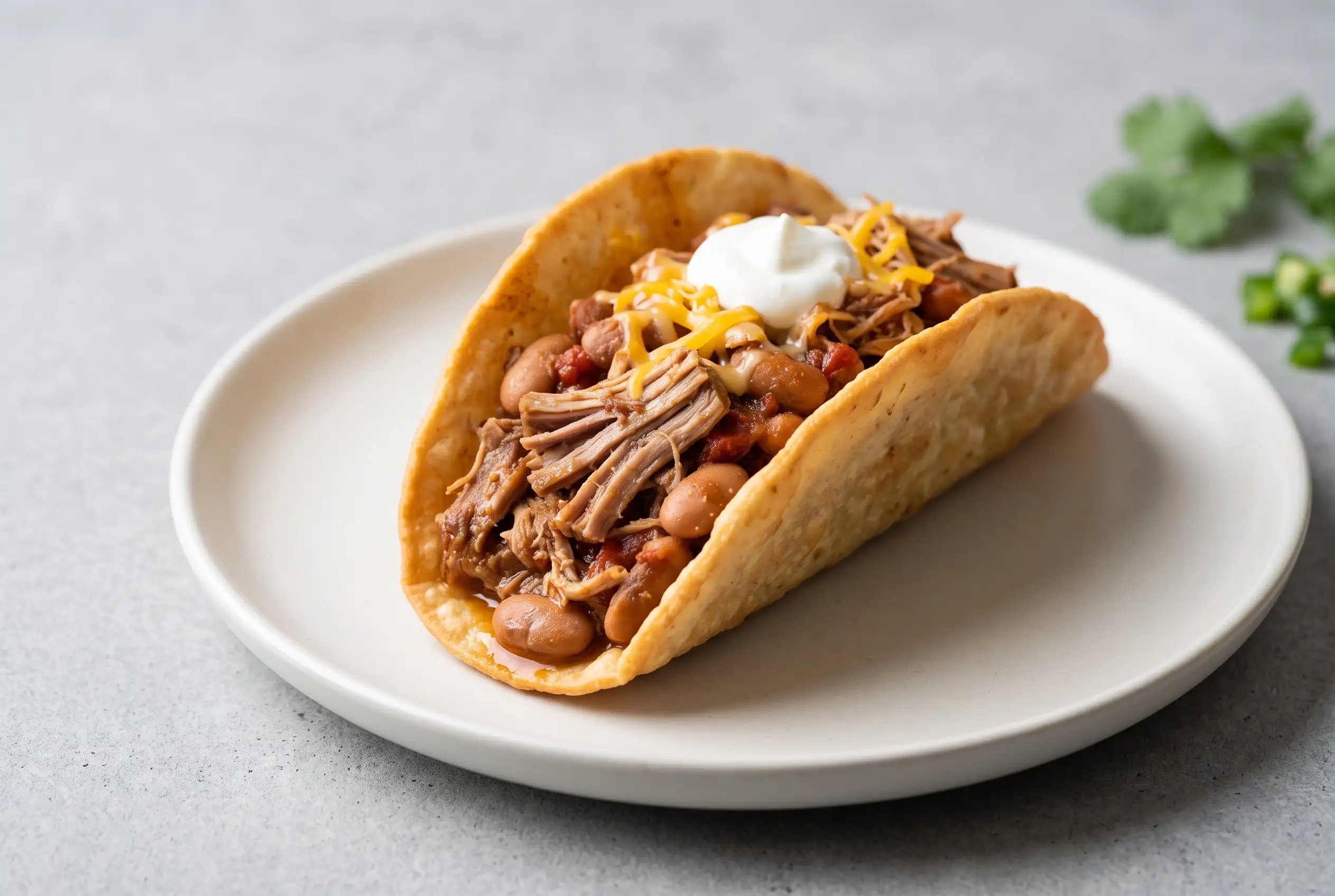 Crockpot chalupa with shredded pork shoulder, pinto beans, cheese, and sour cream on a crisp tortilla
