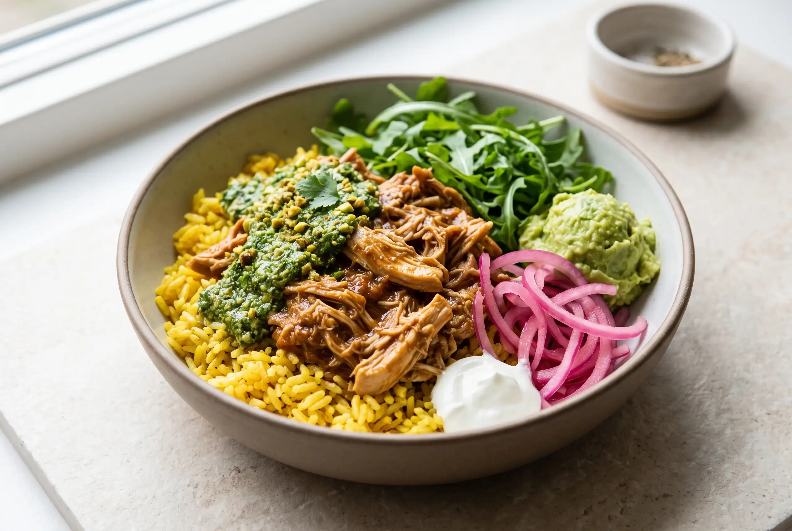Crockpot chicken bowls with yellow rice, shredded chicken, cilantro pesto, greens, and pickled onions