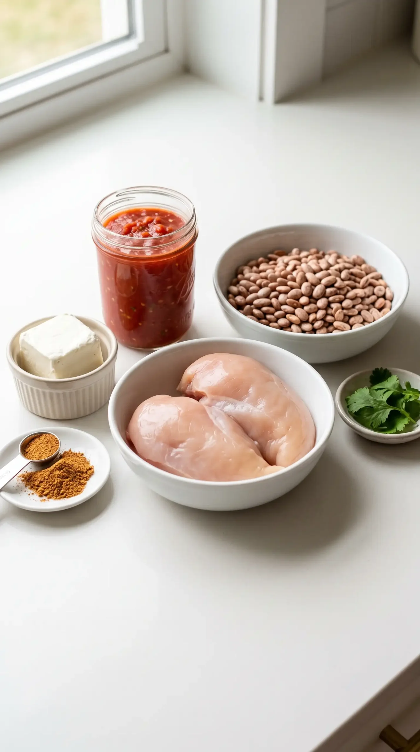 Ingredients for crockpot Mexican chicken with salsa, pinto beans, chicken, seasoning, and cream cheese