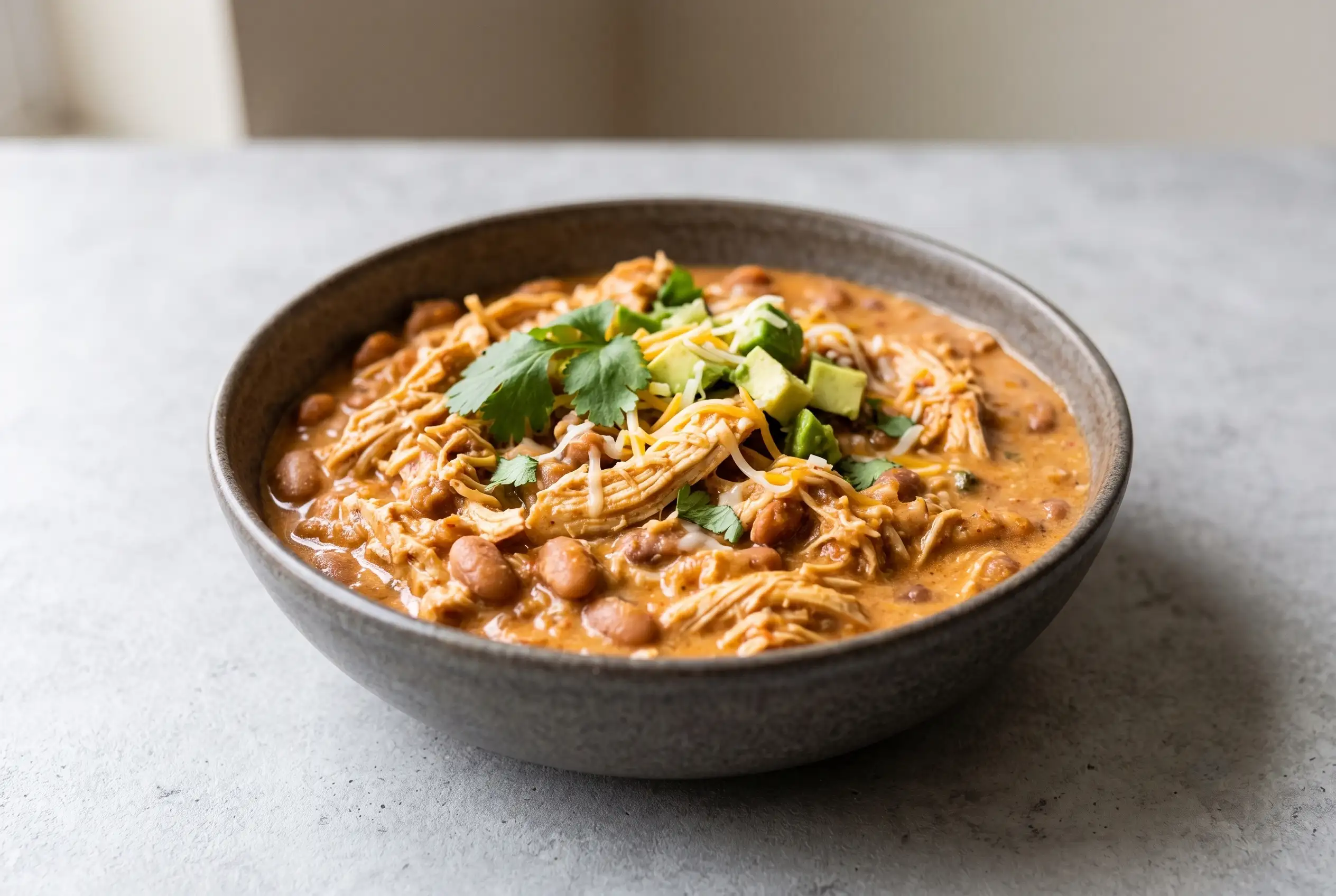 Crockpot Mexican Chicken Bowl Crockpot Mexican chicken with pinto beans, salsa, avocado, cilantro, and cheese in a bowl