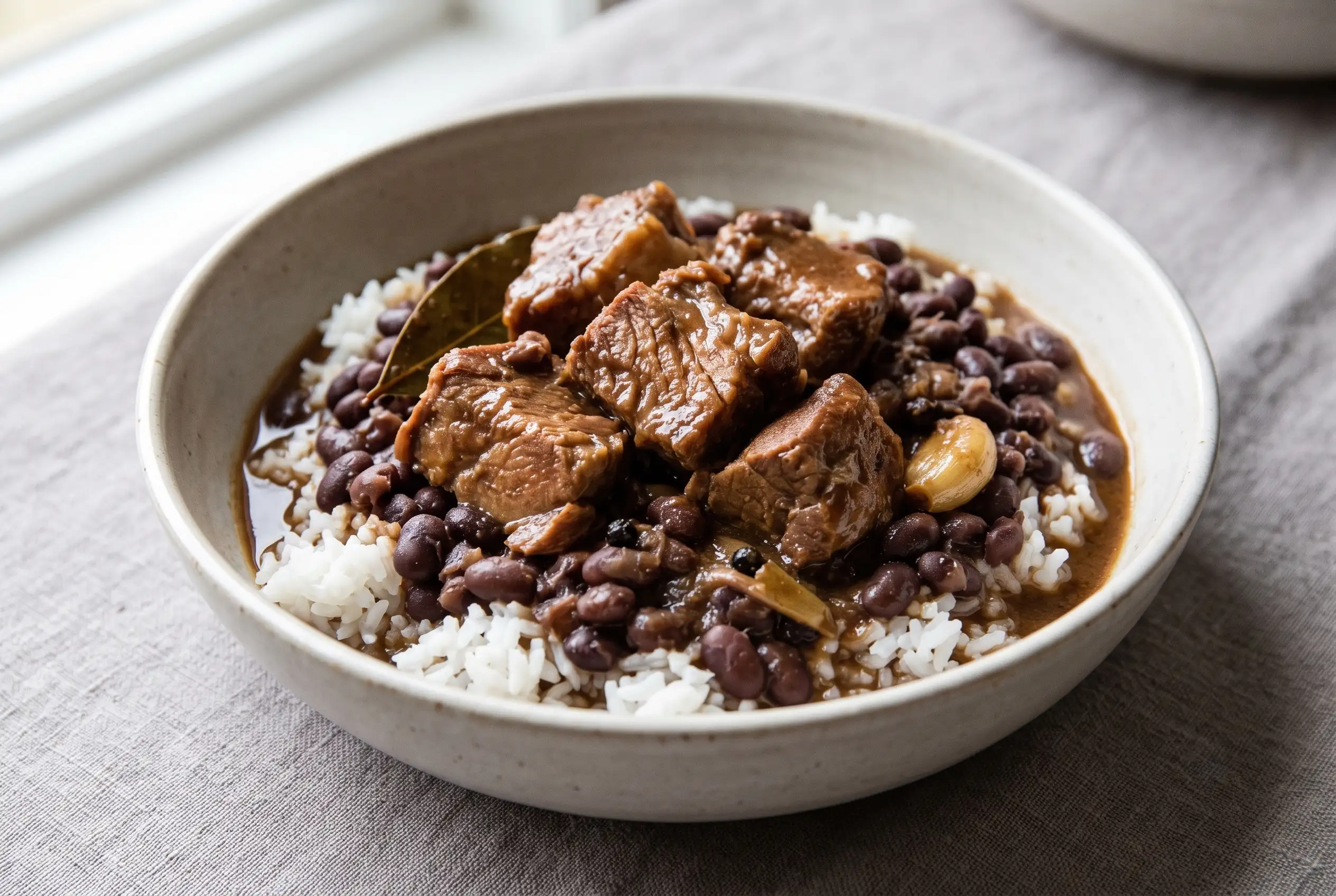 Pork adobo with black beans served over white rice in a bowl with rich savory sauce