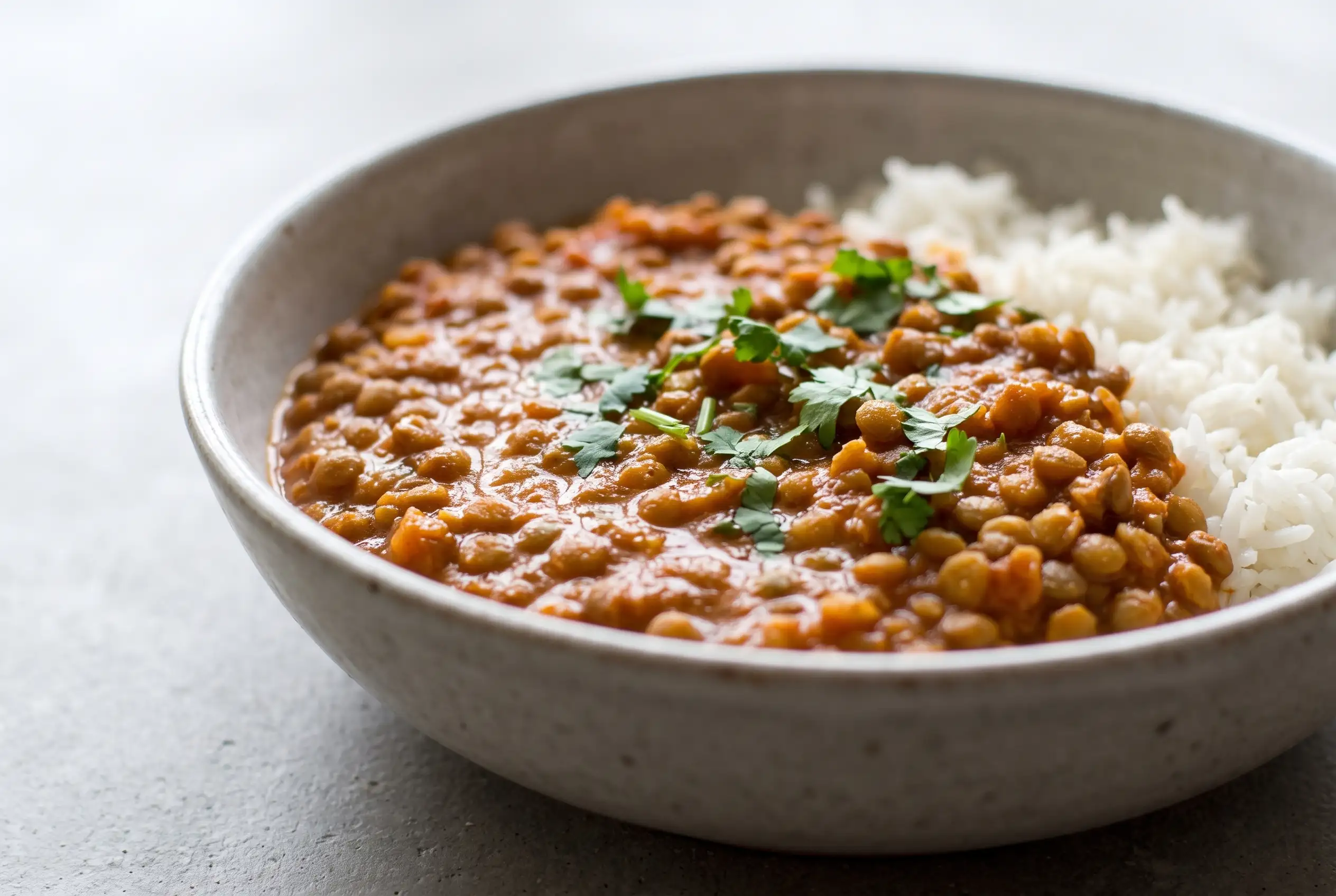 Crockpot Red Curry Lentils Red curry lentils with coconut milk sauce served with rice and cilantro