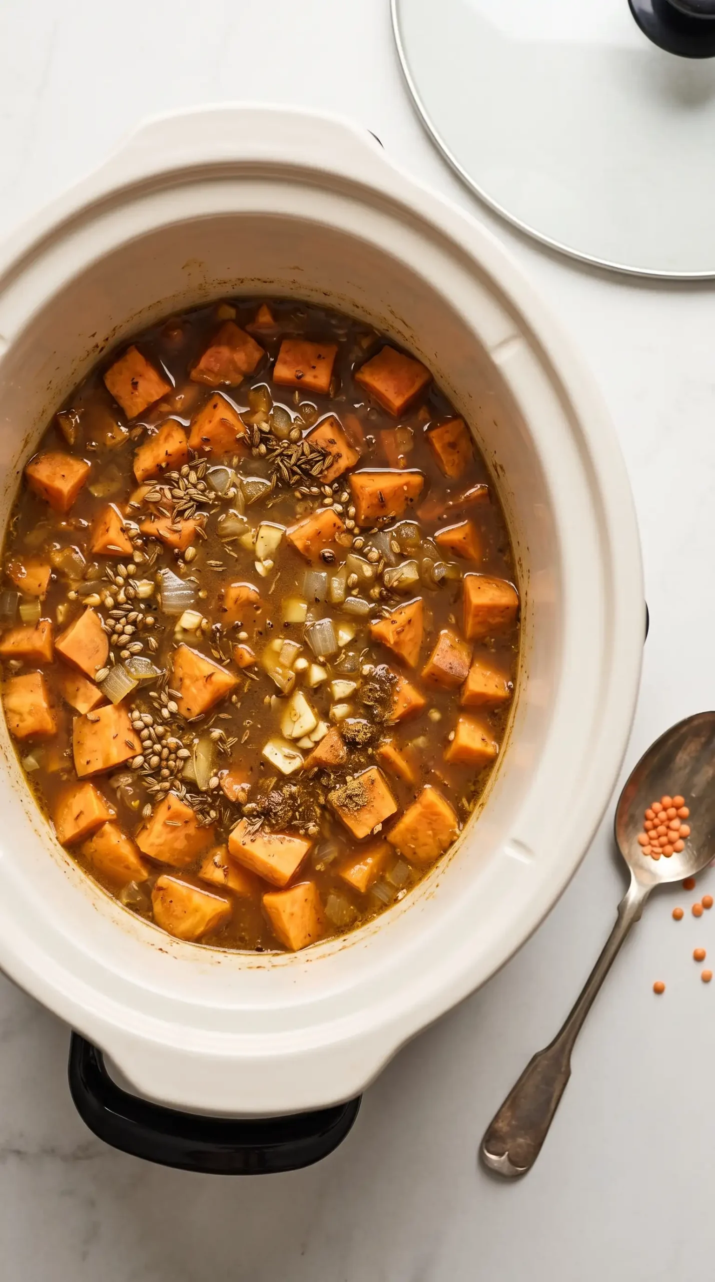 Crockpot filled with sweet potatoes, spices, and lentil curry ingredients during cooking