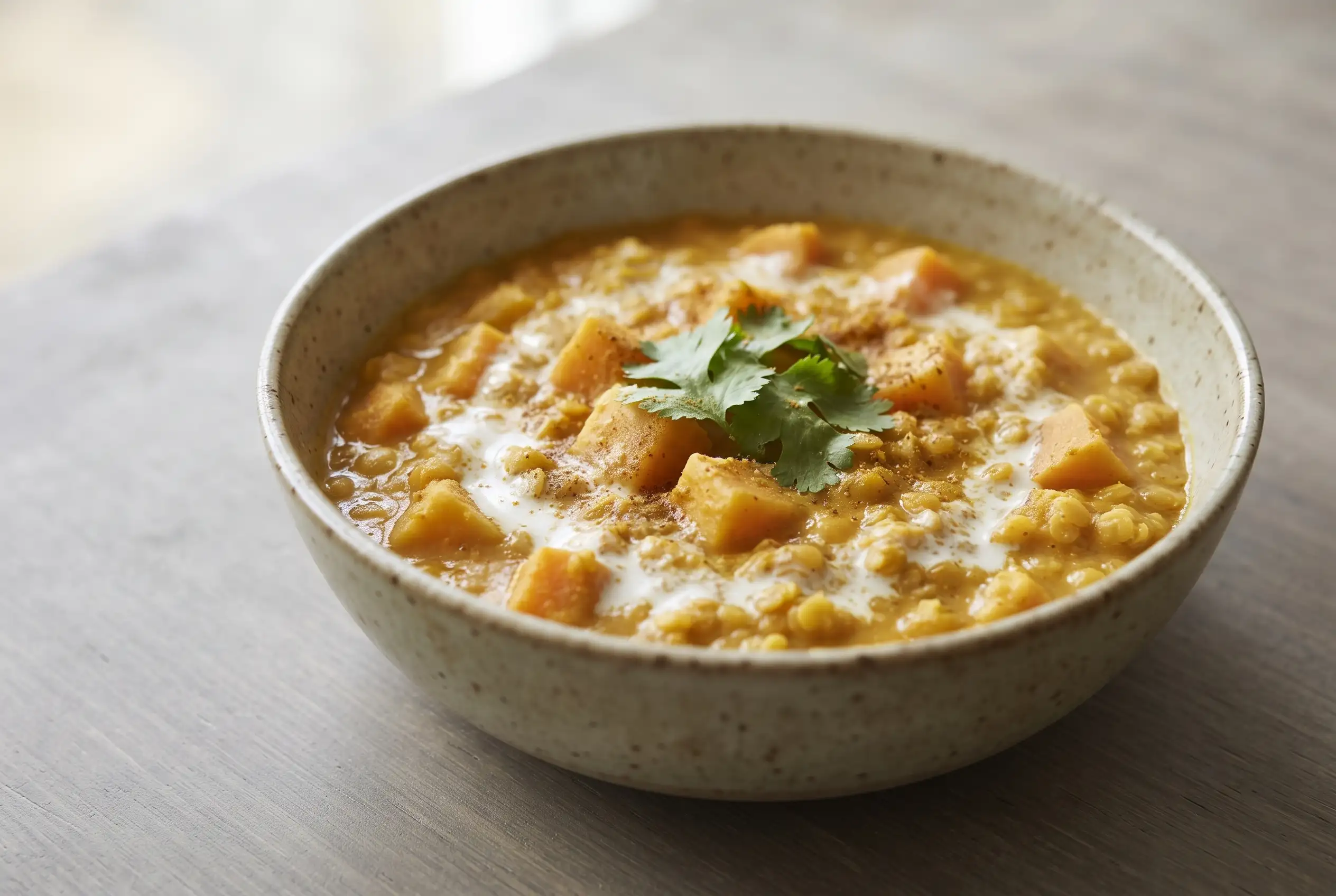 Coconut Milk Sweet Potato Lentils Bowl of sweet potato lentils with creamy coconut milk sauce and fresh cilantro