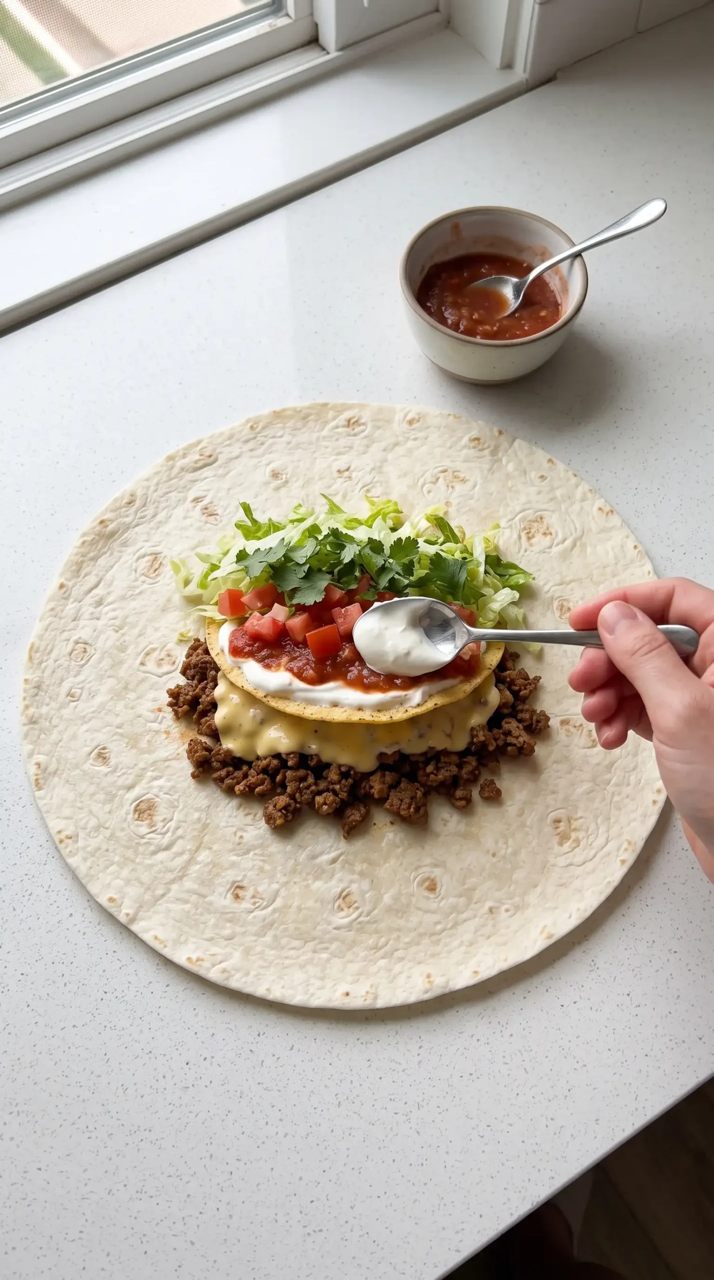 Crunchwrap Supreme being assembled with beef, queso, tostada, lettuce, tomato, and cilantro