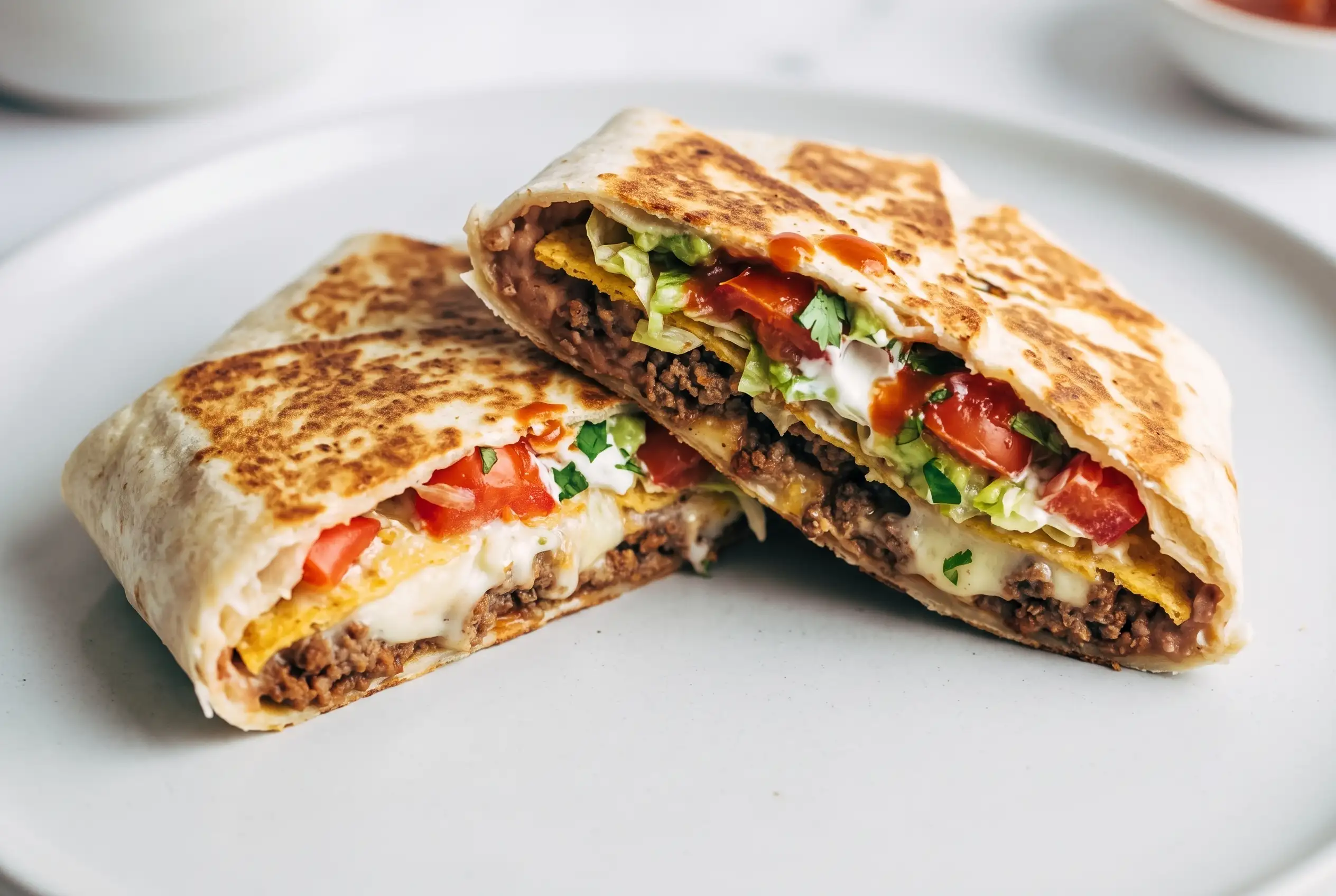 Crunchwrap Supreme with beef, queso, crispy tostada layer, and fresh toppings cut open to show layers