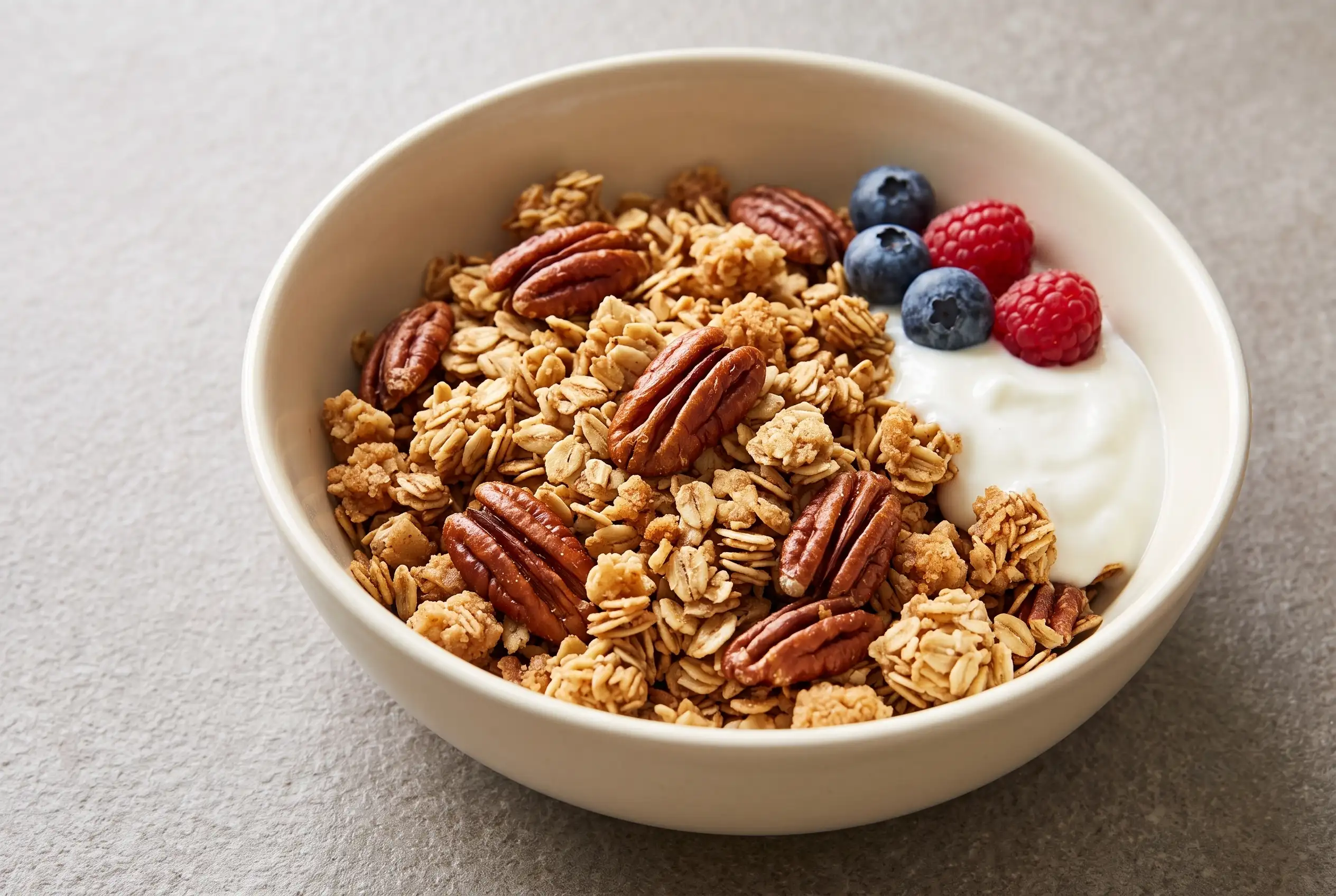 Bowl of crunchy pecan granola with golden oat clusters and toasted pecans