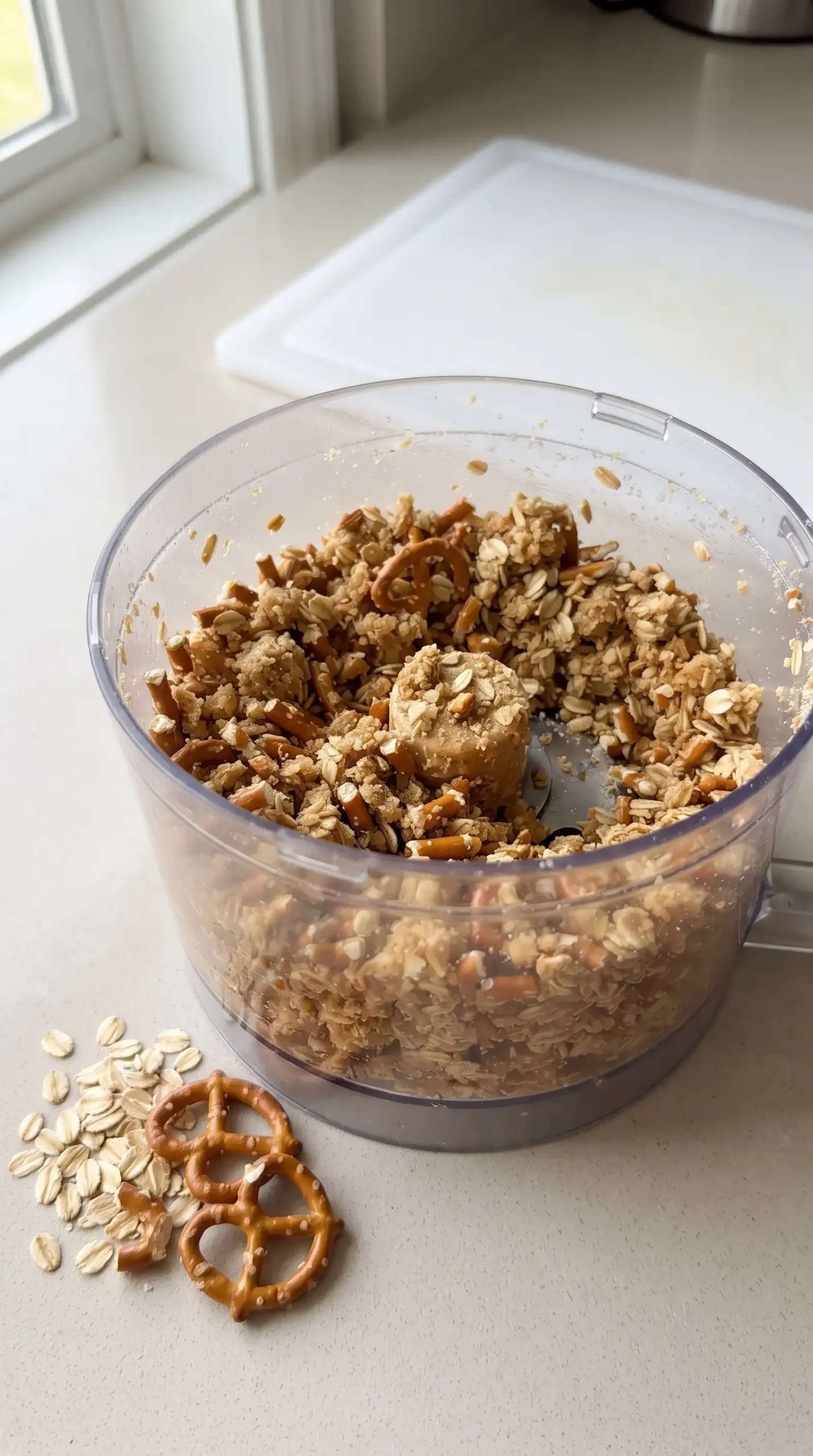 Crushed oats and pretzels in a food processor showing the texture for energy bites