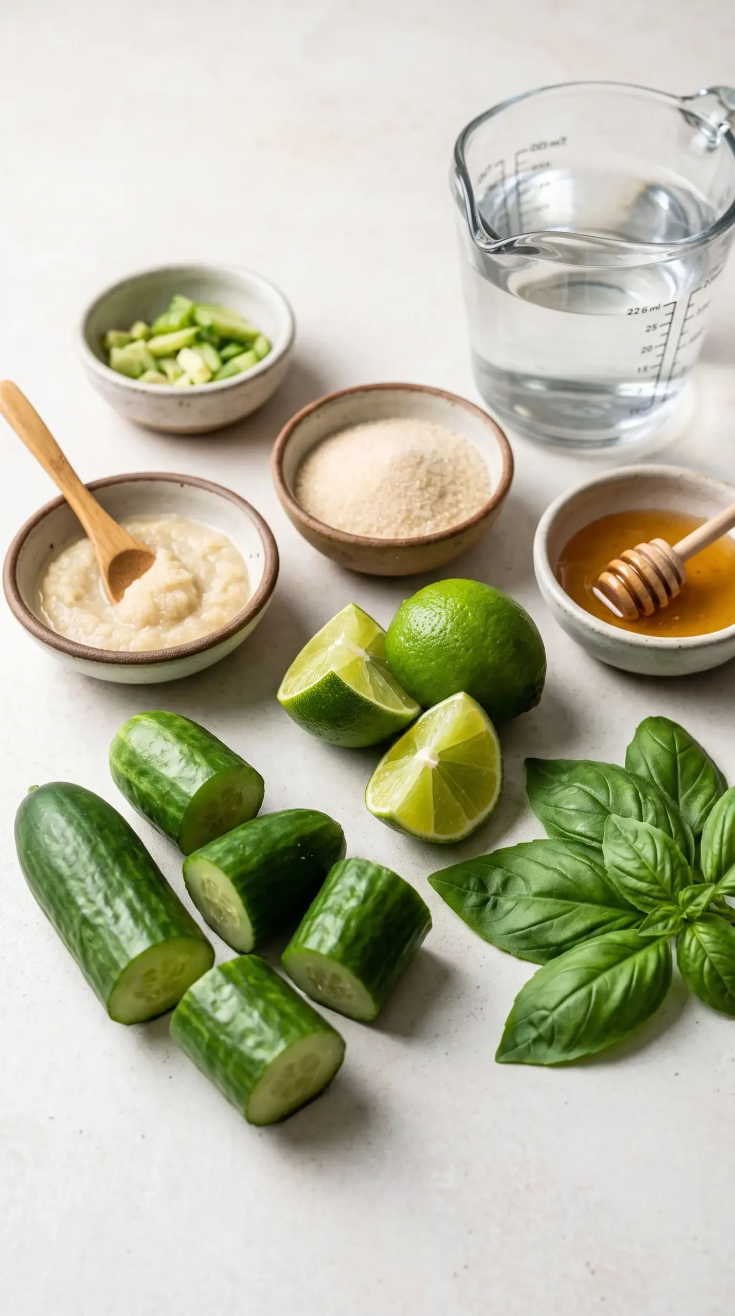 Fresh cucumbers, limes, basil, lemongrass, sugar, honey, and water for agua fresca
