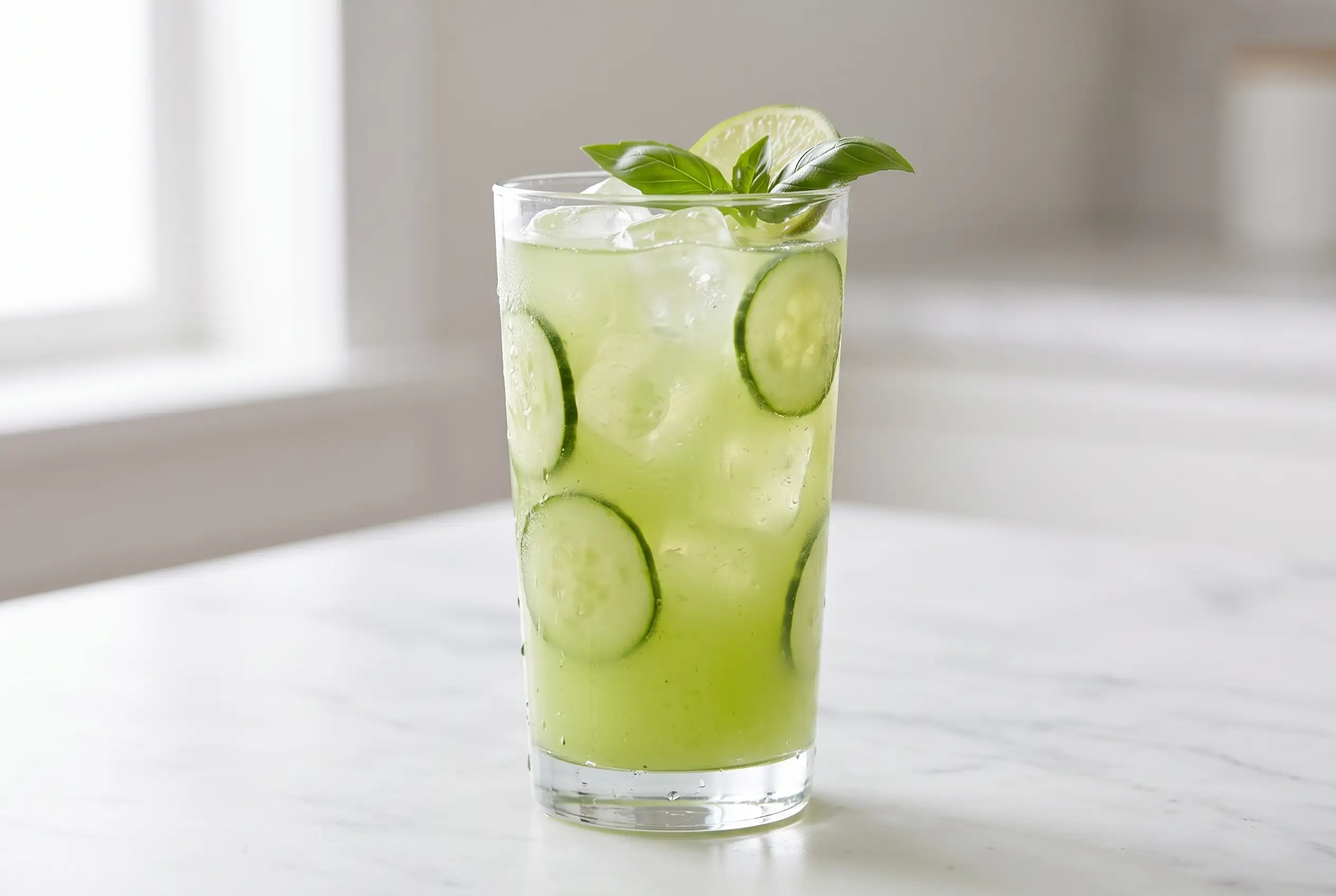 Cucumber Agua Fresca Glass Cucumber agua fresca with basil and lime served over ice in a clear glass