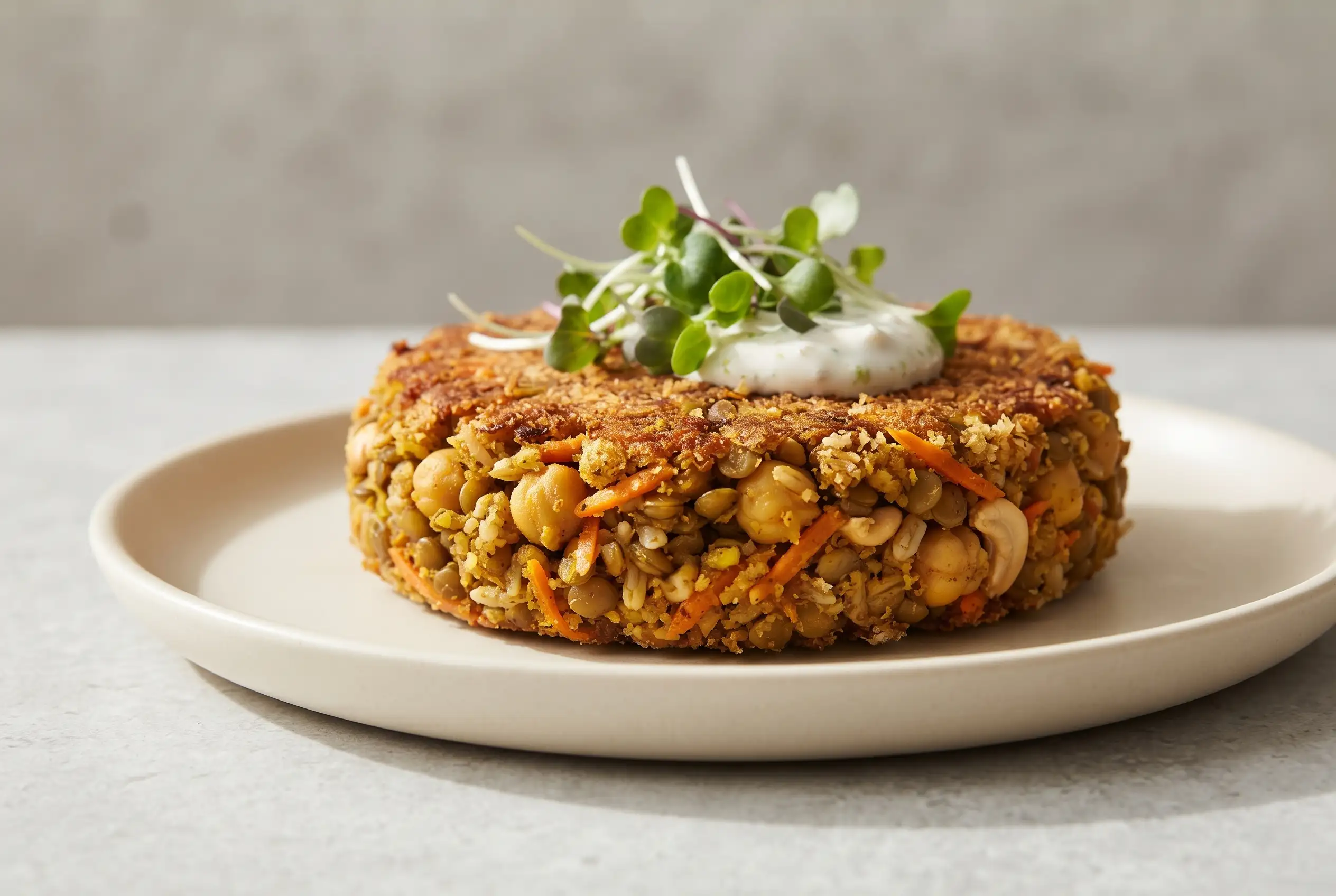 Curried veggie burger with chickpeas, lentils, rice, and a crisp golden patty